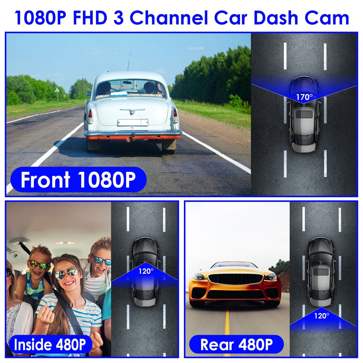 1080P FHD 3 Channel WiFi Dash Cam 170¡ Wide Angle Triple Car Camera With IR Night G-Sensor Motion Detection Loop Recording App Control Support 128G Ma