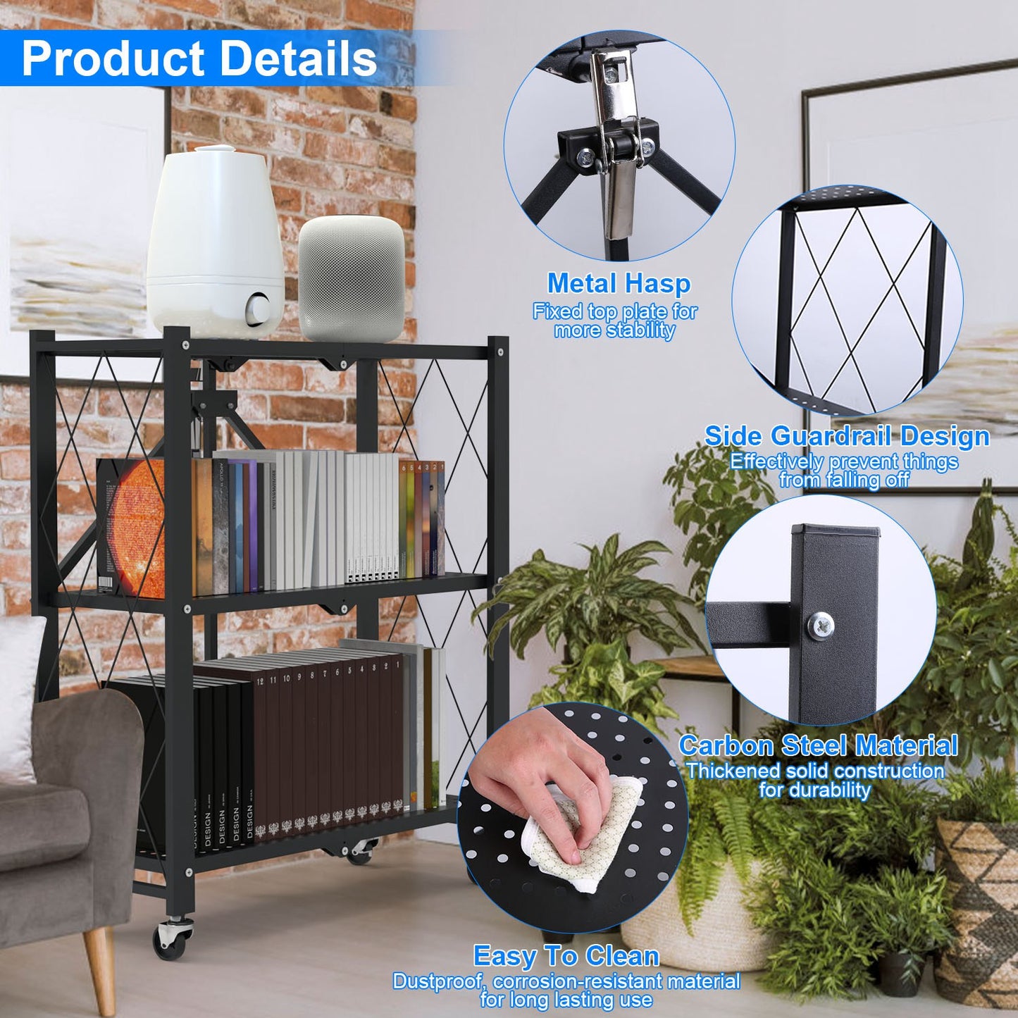 3-Tier Foldable Storage Shelf With Lockable Wheels No Assembly Rolling Utility Shelf Heavy Duty Collapsible Organizer Rack For Kitchen Living Room Bas