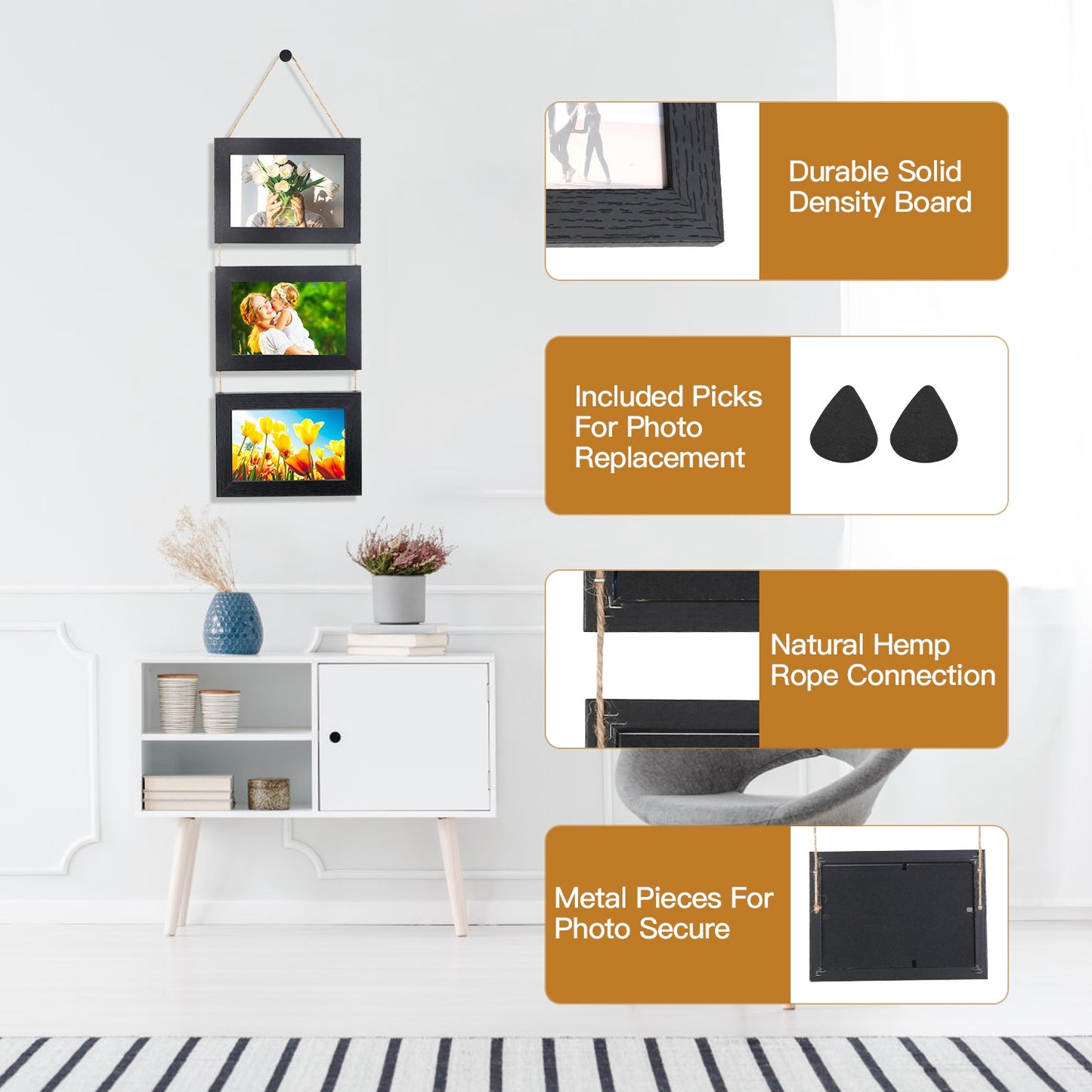 4x6IN Wall Hanging Picture Collage Frame 3-Opening Wall Decor Without Mat Rustic Style Wood Photo Frame Display