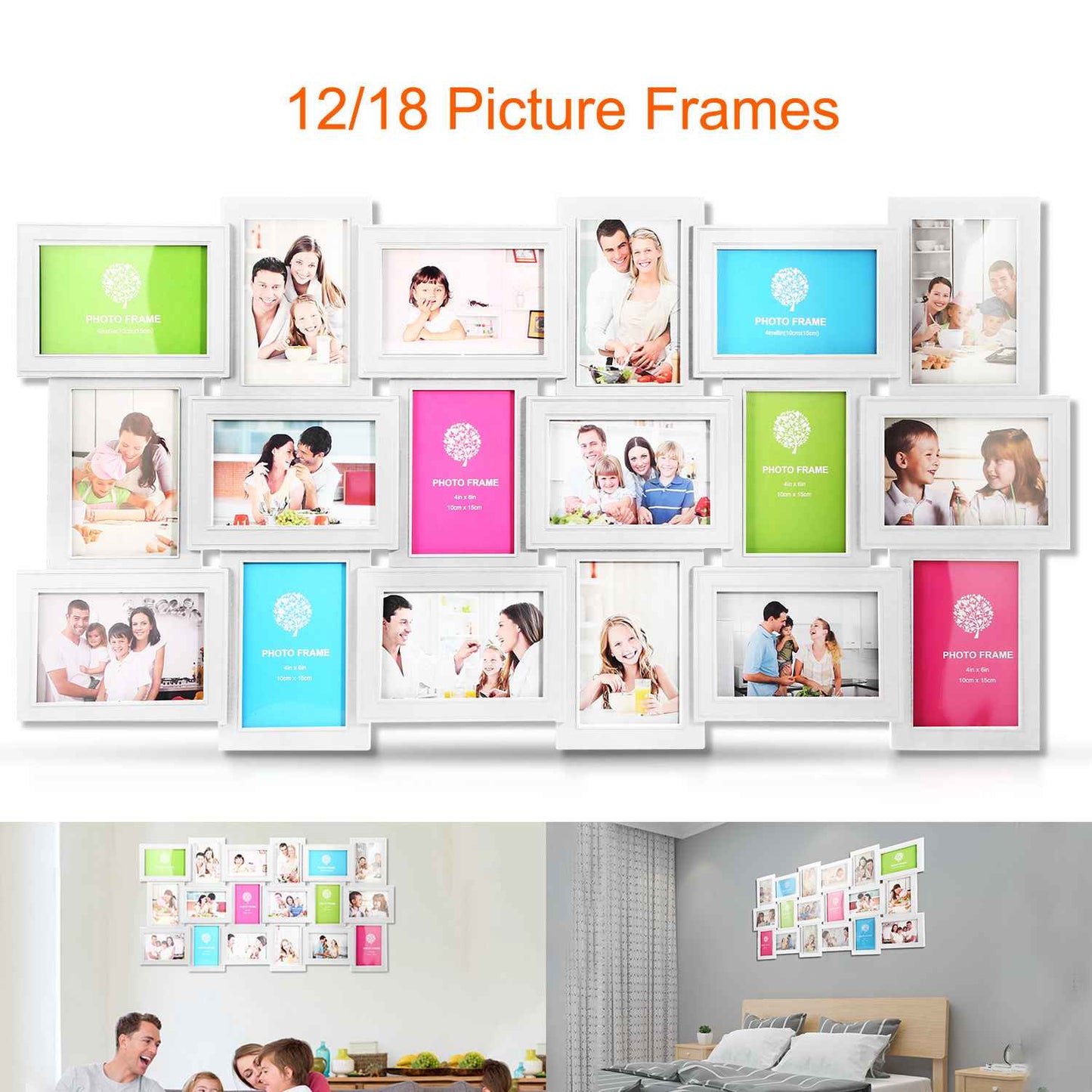 12/18 Pictures Frames Collage for Photos in 4" x 6" Glass Protection Display Wall Mounting Gallery Home Decor Kit
