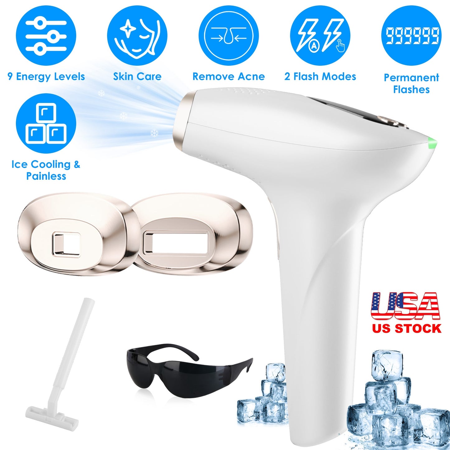 3 In 1 Ice Cooling Laser Hair Removal Painless Permanent At-Home IPL Hair Removal with 999,999 Flashes 9 Energy Levels 2 Flash Modes for Armpits Legs