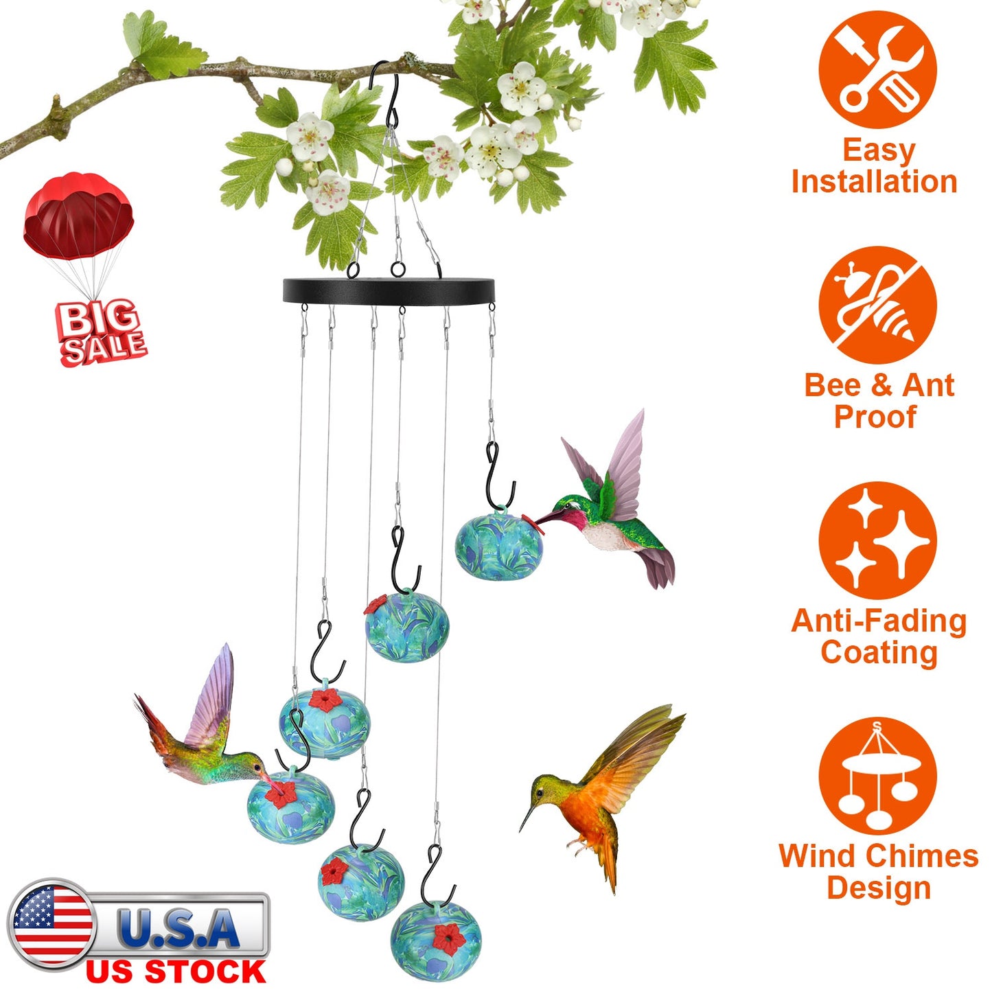Wind Chimes Humming Bird Feeder Ant and Bee Proof Outdoor Hanging Hummingbird Feeder For Viewing Decoration For Garden Patio Yard Balcony