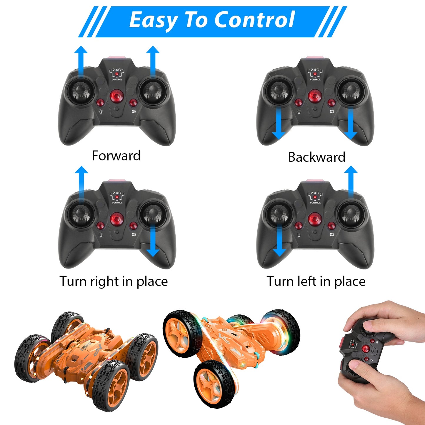 Kid Driving RC Stunt Car 7 Color Strip Light Dynamic Music Swing Arm Double-sided Rolling Remote Control Car Off Road 2.4GHz 4WD Rechargeable Racing