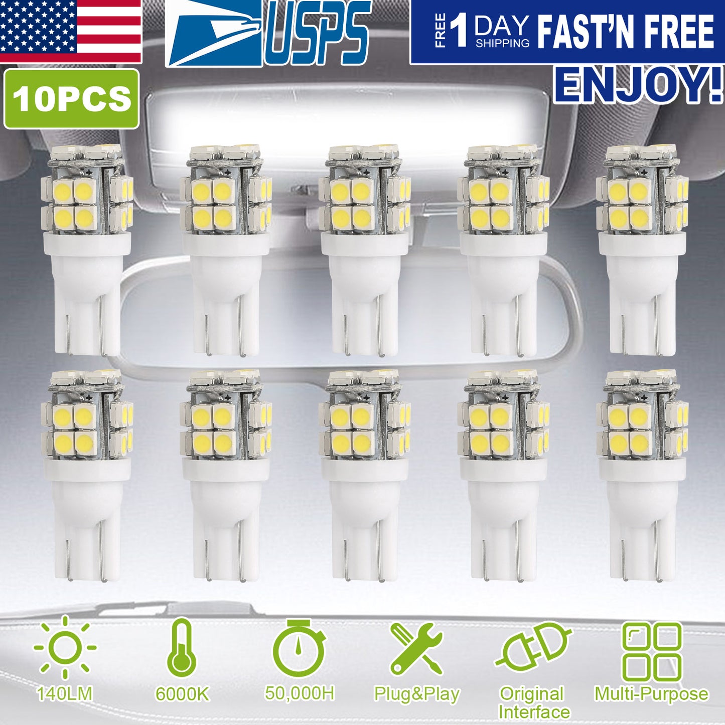 10Pcs 12V T10 LED Light Bulb Wedge Base Interior Dome Map LED Lights License Plate Trunk Side Positioning Lights 6000K White
