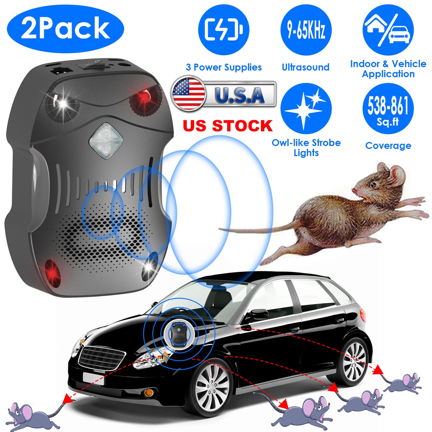 2 Pack Under Hood Ultrasonic Rodent Repeller Rodent Control Deterrent Chaser Blocker for Vehicle Indoor with Strobe Light 3 Power Supplies