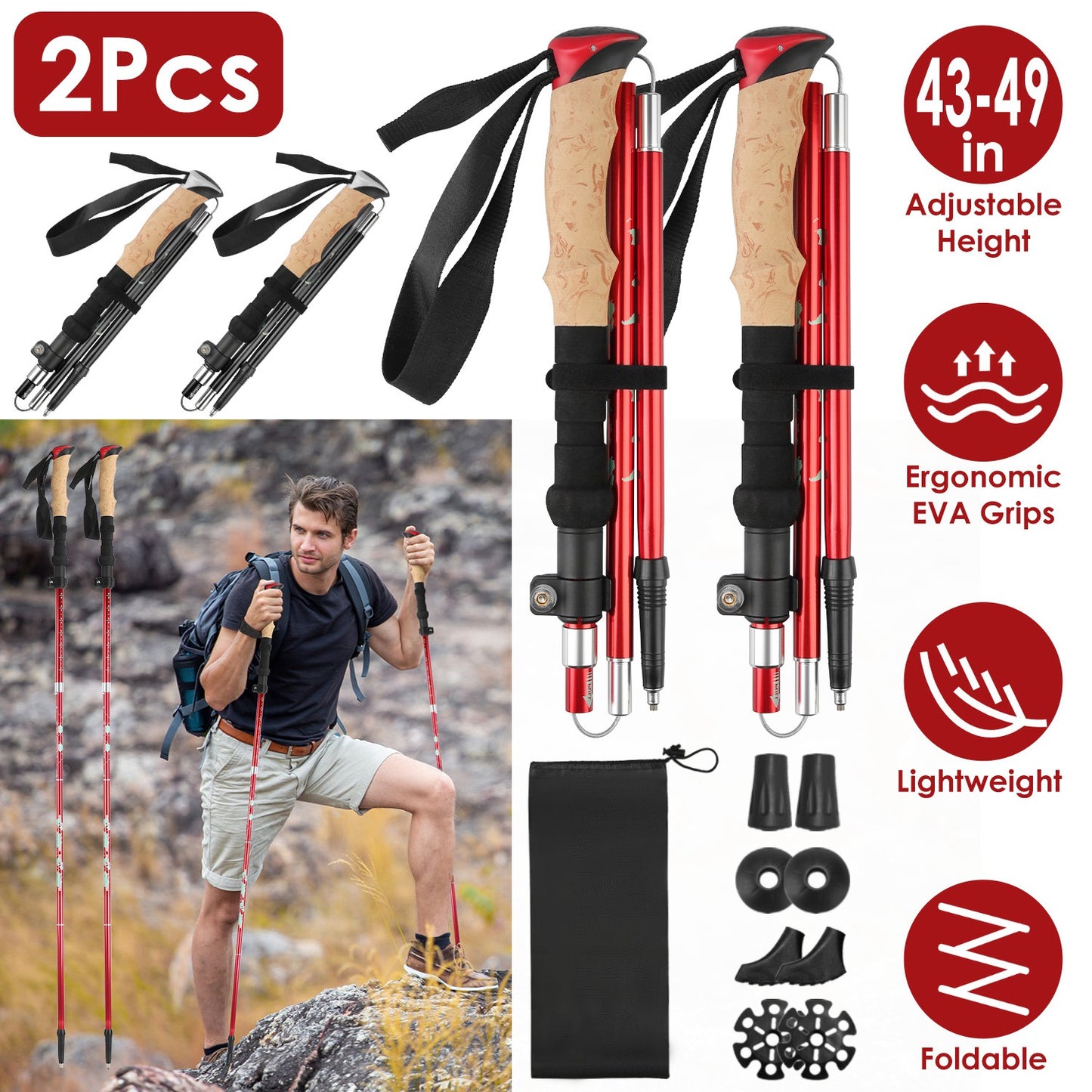 2Pcs Walking Sticks Collapsible Hiking Poles Folding Aluminum Trekking Poles Adjustable Hiking Sticks with EVA Foam Grips for Backpacking Hiking Mount