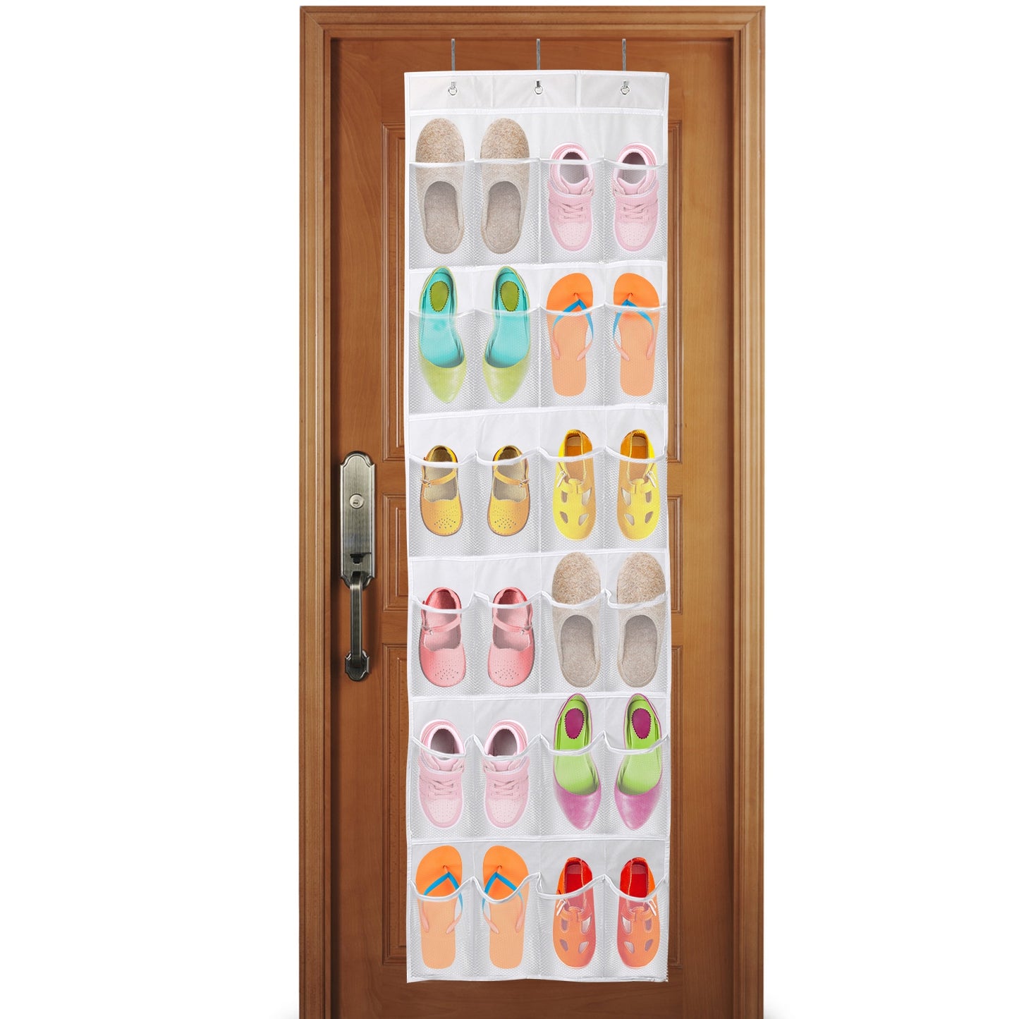 Over the Door Shoes Rack 24-Pocket Crystal Clear Organizer 6-Layer Hanging Storage Shelf for Shoes Slippers Small Toys Closet Cabinet