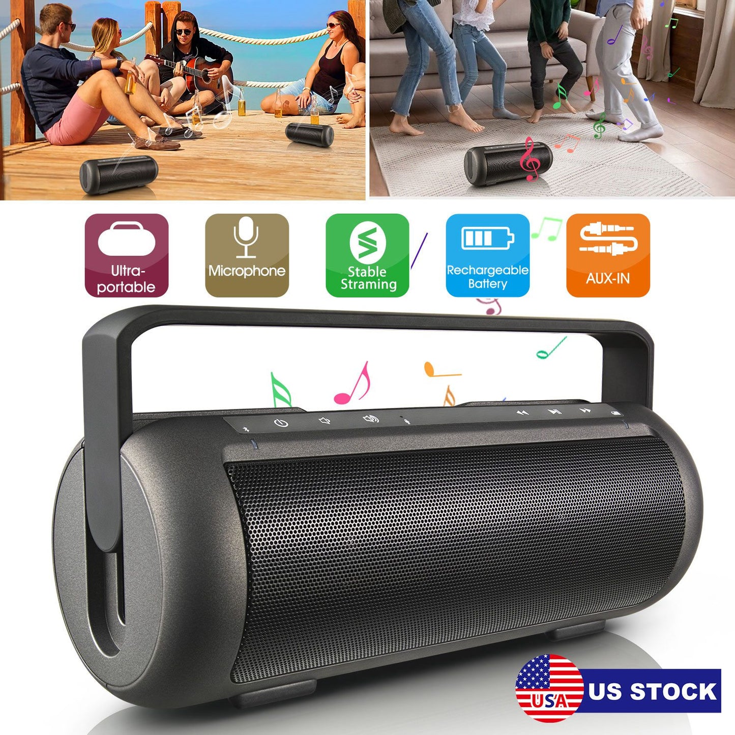iRola Wireless Speaker Powerful Dual Subwoofer Stereo Bass Noise Cancelling w/Mic Aux-in for Camping Party