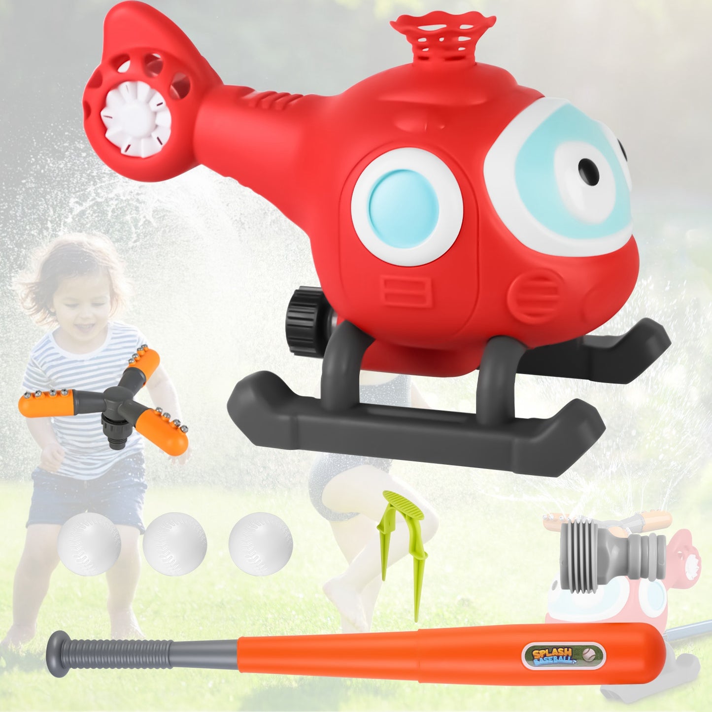 2 In 1 Water Sprinkler Baseball Helicopter Toy for Kids 360¡Rotating Water Tee Ball Set for Backyard Lawn Pool Party Outdoor Summer Game for 3+ Years