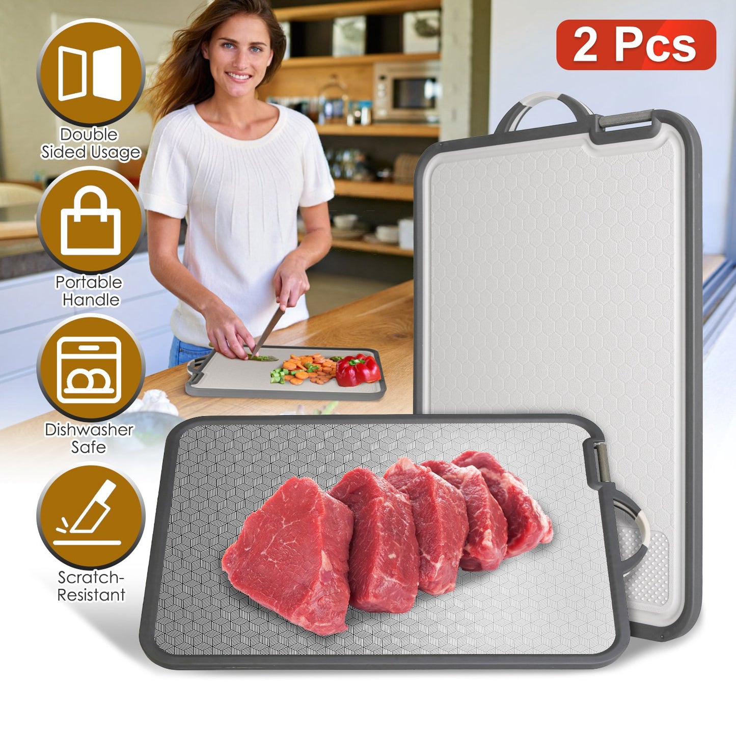 2Pcs Double Sided Cutting Board Stainless Steel PP Chopping Board Lightweight Kitchen Cutting Board Mesh Design with Grinding Zone Knife Sharpener Han