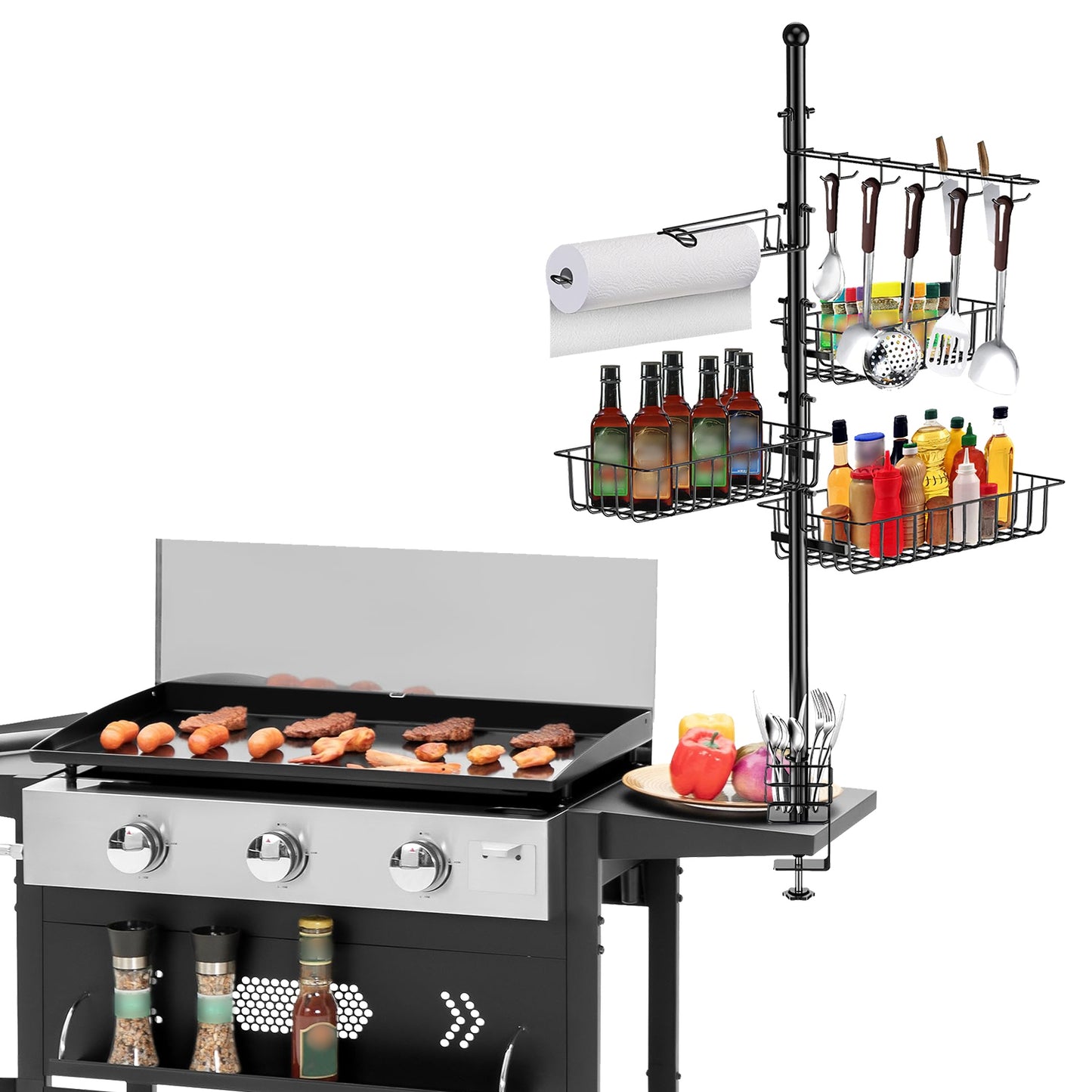 Griddle Caddy With Paper Towel Holder Hook Baskets BBQ Accessories Storage Rack Vertical Standing BBQ Organizer Grill Utensil Storage Fit For Blacksto