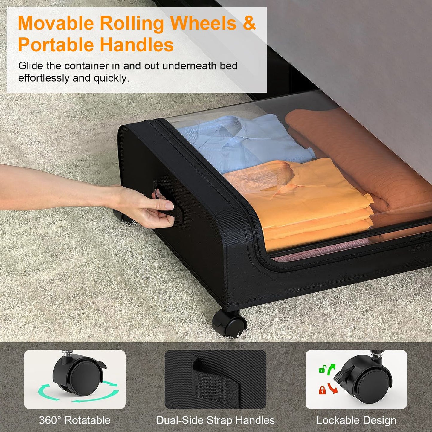 2Packs Under Bed Storage Containers Rolling Clothing Organizer 42L/11Gal Under BedÊDrawers with Clear Lid 360¡ Lockable Rolling Wheels Strap Handles