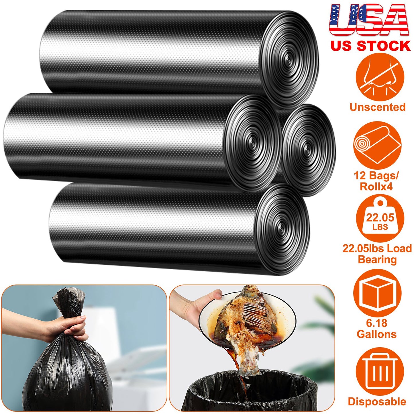 4 Rolls Black Garbage Bags 6.18 Gallons Unscented Disposable Trash Bags Portable Leak Resistant Trash Can Liners for Bathroom Office Kitchen Bedroom C