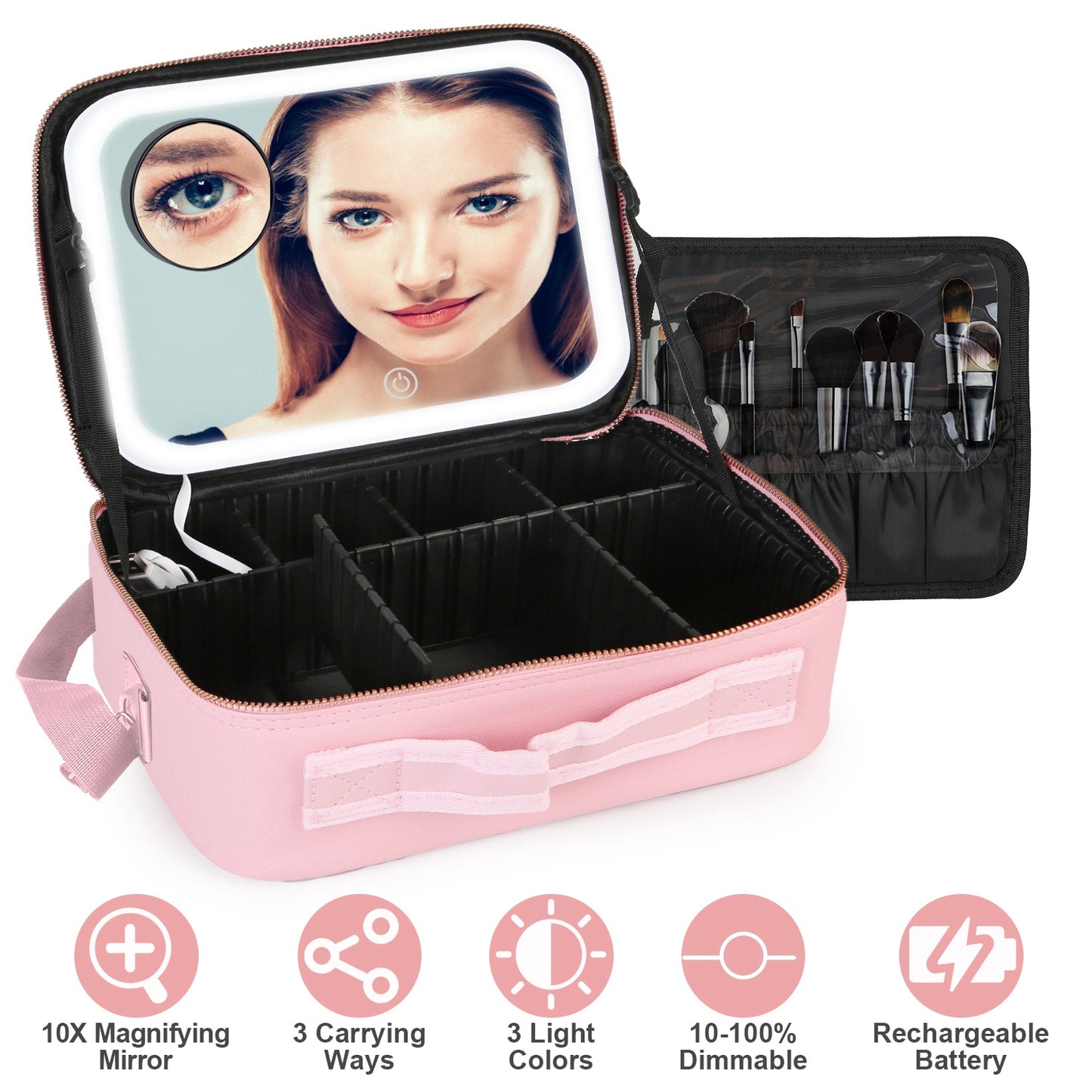 Travel Makeup Bag with LED Mirror Makeup Case Organizer with 3 Light Colors Adjustable Dividers Brush Holder Magnifying Mirror Shoulder Strap Luggage