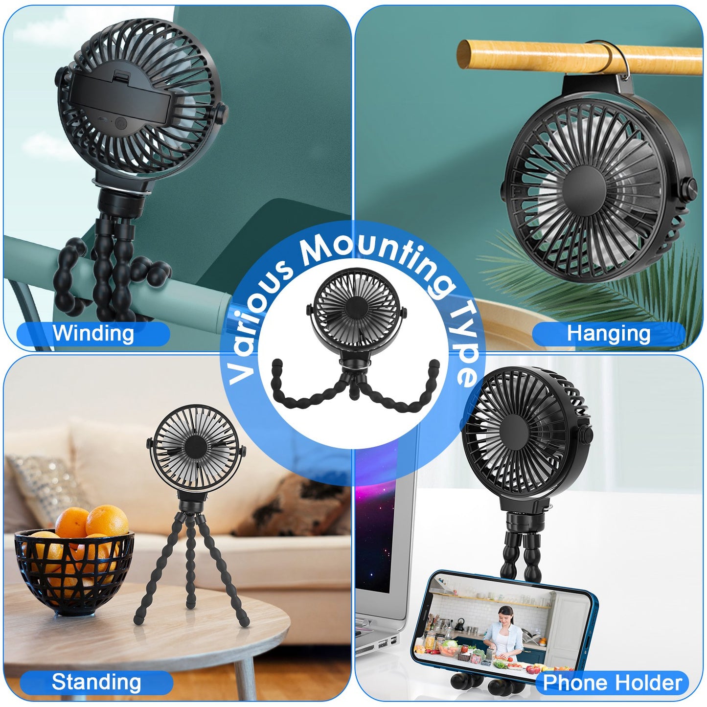 Portable Baby Stroller Fan Rechargeable Handheld Fan with Flexible Tripod Clip On Desktop Hanging Fan 3 Gear Speed 360¡ Tilt Head