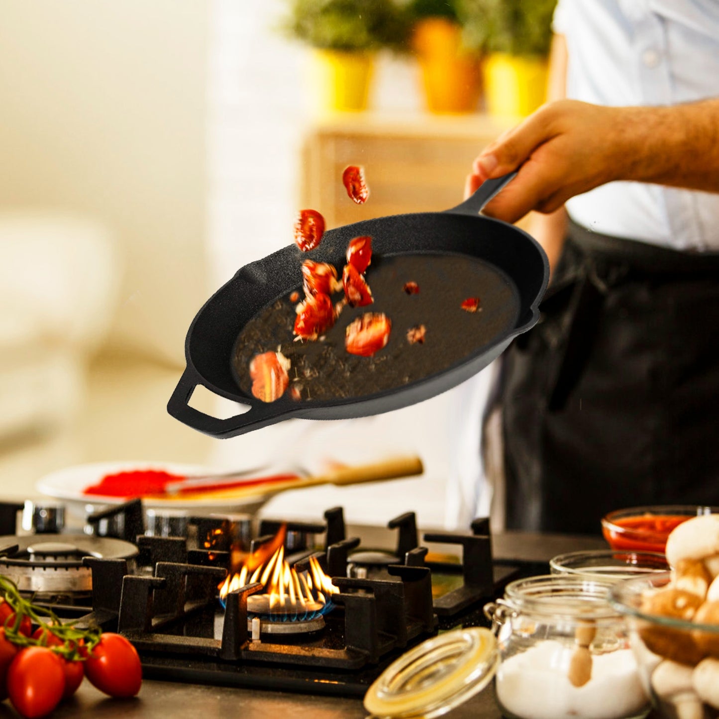 Pre-Seasoned Cast Iron Skillet Oven Safe Cookware Heat-Resistant Holder 12inch Large Frying Pan Non-Stick Like Surface Cooking Frying Searing Baking