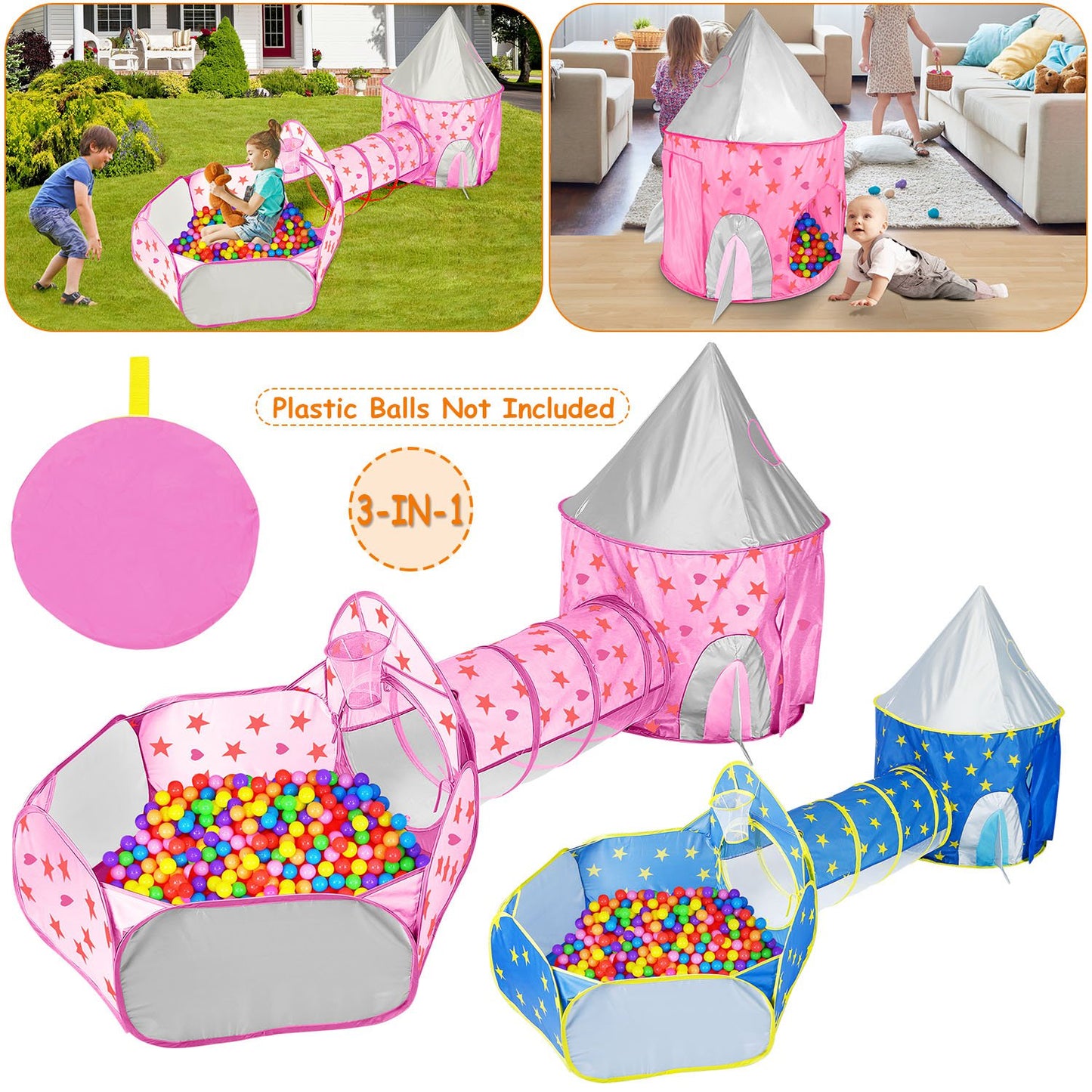 3 In 1 Child Crawl Tunnel Tent Kids Play Tent Ball Pit Set Foldable Children Play House Pop-up Kids Tent w/Storage Bag For Indoor Outdoor Travel Use