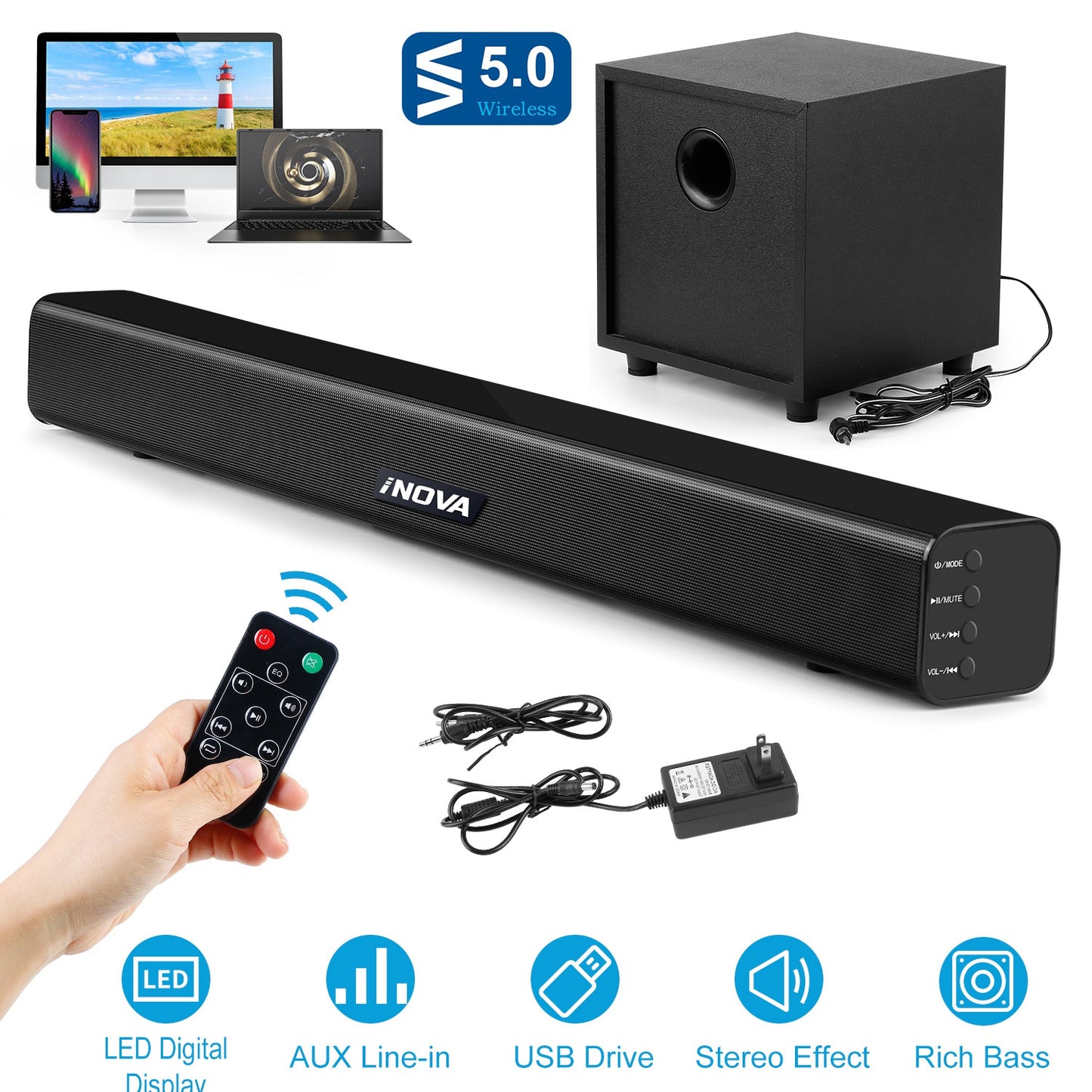 Wireless Soundbar with Subwoofer 2.1CH Audio Speaker For TV Aux USB Reading Soundbar Subwoofer Surround Sound Speaker System Home Theater