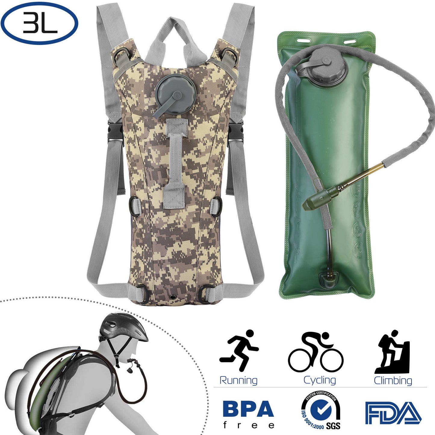 iMounTEK Tactical Hydration Pack 3L Water Bladder Adjustable Water Drink Backpack for Hiking Cycling Climbing Running