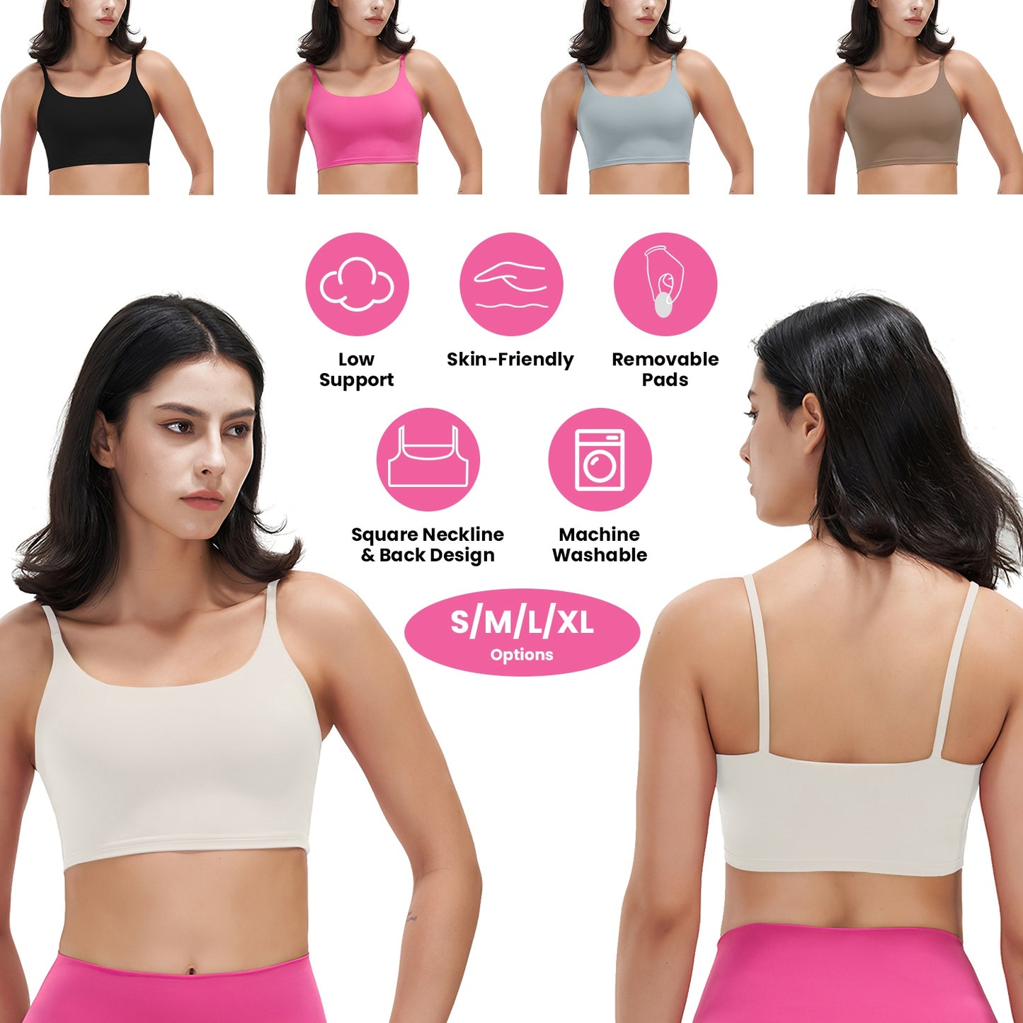 Women Strap Sport Bras Padded StrappyÊCrop Square Neck Low Impact Bras SexyÊFitnessÊTank Tops with Removable Pads Flat Straps for Gym Yoga Workout Run