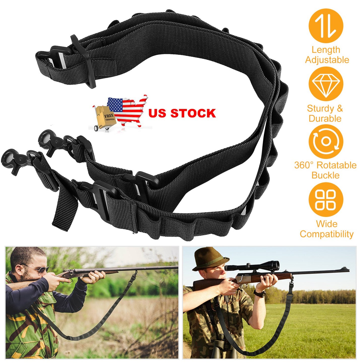 Tactical Shotgun Sling 2 Point Gun Sling Adjustable Shoulder Strap Rifle Shotgun Belts w/ 15-Shell Holders