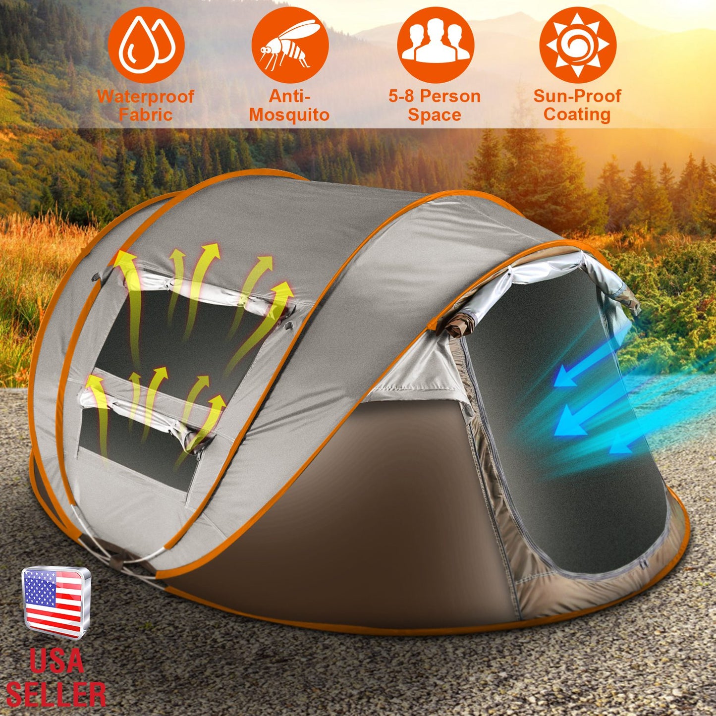 5-8 Person Pop Up Tent Automatic Setup Camping Tent Waterproof InstantÊSetup Tent with 4 Mosquito Net Windows Carrying Bag for Hiking Climbing Adventu