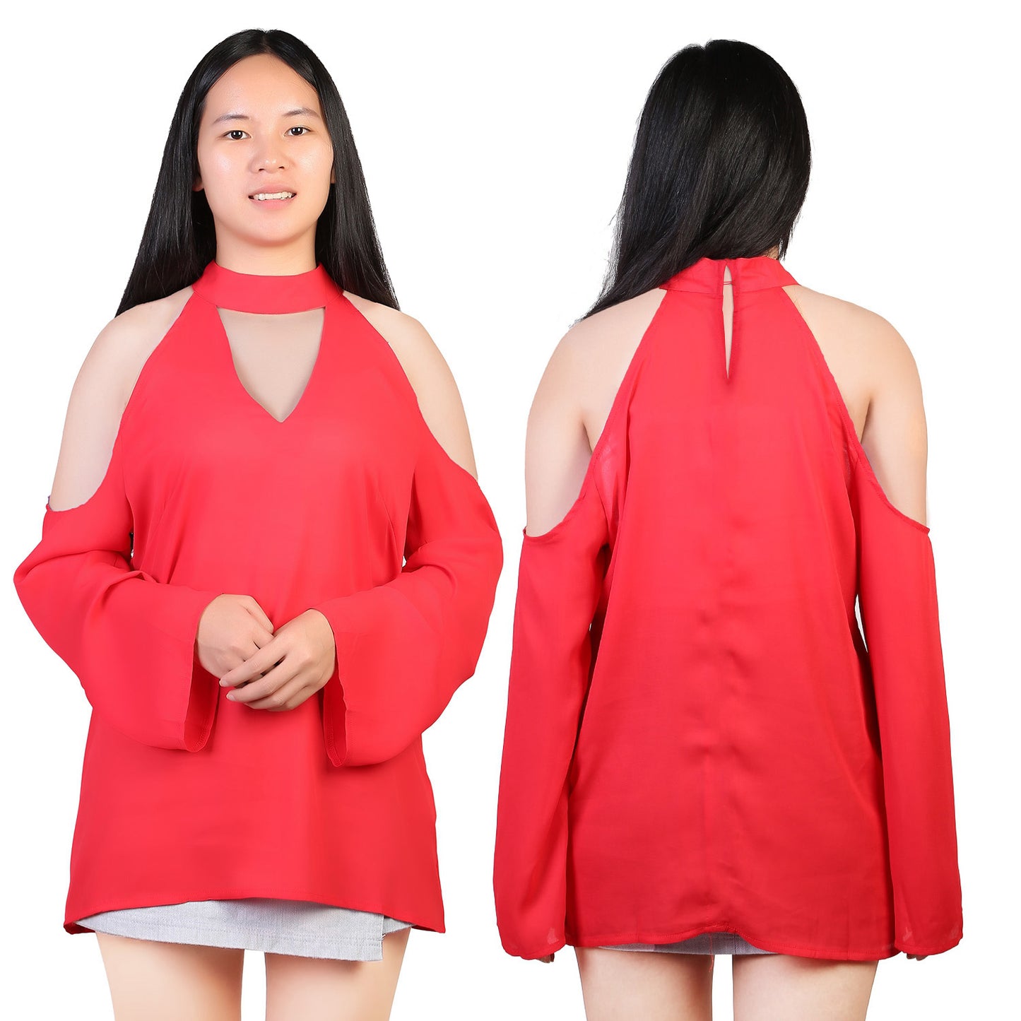 Women\'s Sexy Off The Shoulder Blouses Cold Shoulder Tops V-Neck Long Sleeve T-Shirt Solid Color Summer