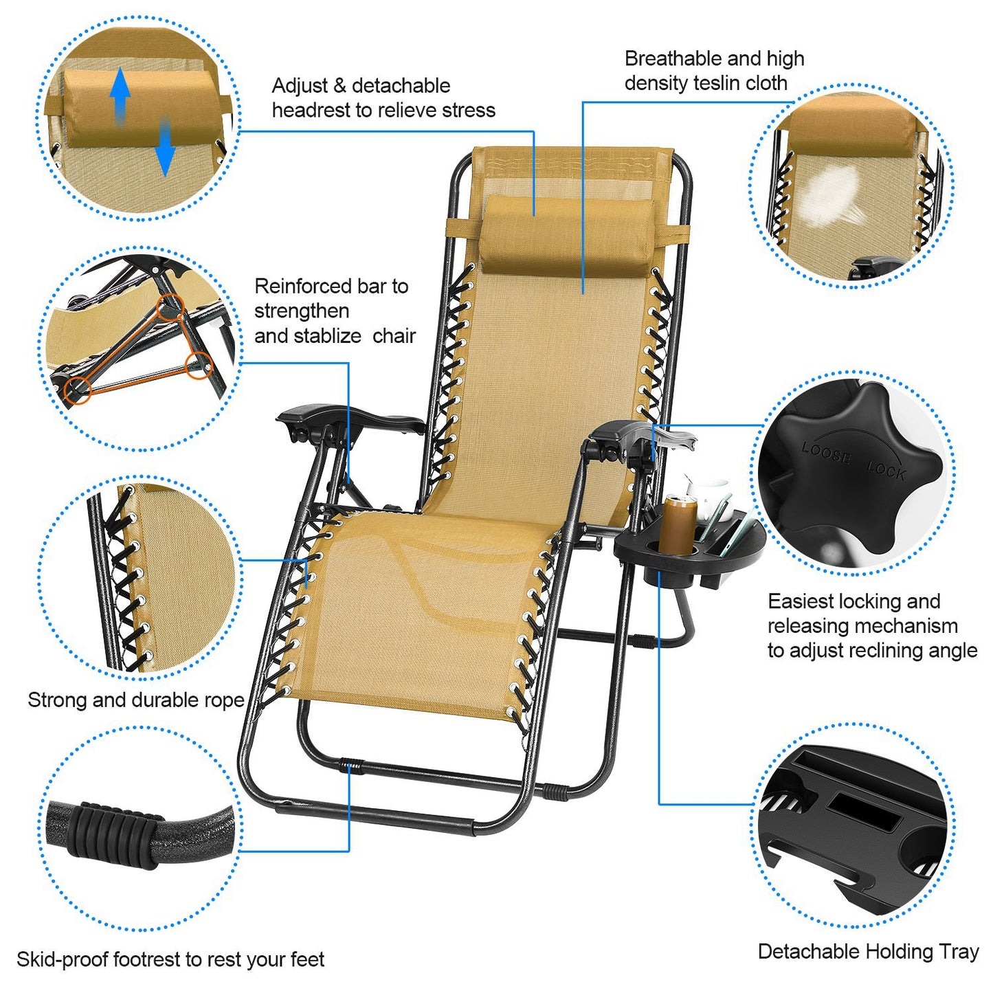 2Packs Zero Gravity Lounge Chair w/ Dual Side Tray 330lbs Load Foldable Recliner Chair w/ Stress Relief Pillow Patio Poolside Beach Lying Chair