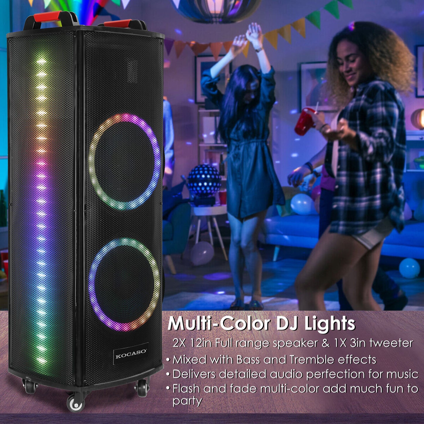 Portable Wireless Party Speaker Colorful Lights DJ PA System with TWS Function FM Radio USB MMC Card Reading Aux In Guitar Input Recording Function Mi