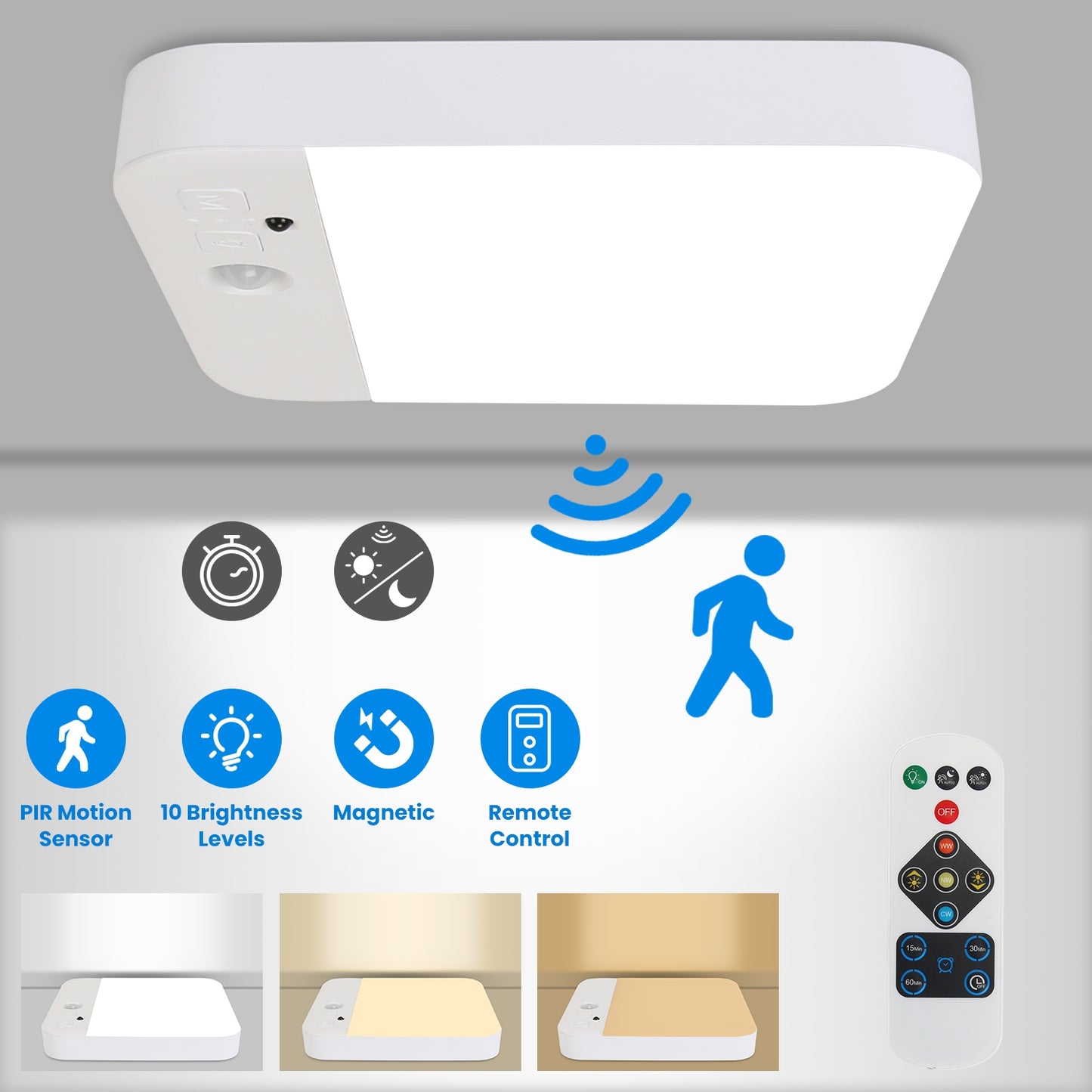 Motion Sensor Ceiling Light With Remote Rechargeable Wireless Flush Ceiling Light with 3000K 4500K 6000K 3 Timer 10 Brightness for Closet Stairs Garag