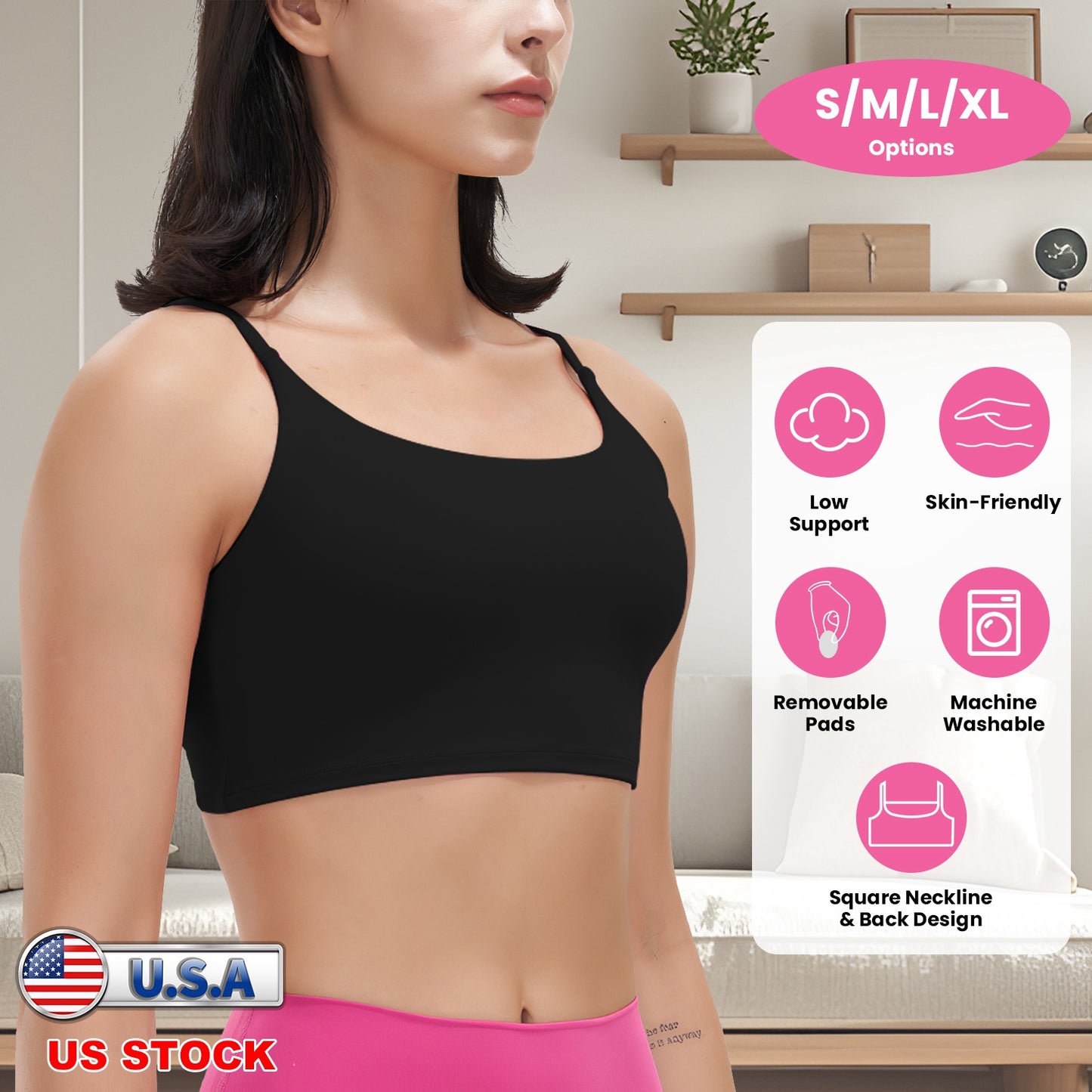Women Strap Sport Bras Padded StrappyÊCrop Square Neck Low Impact Bras SexyÊFitnessÊTank Tops with Removable Pads Flat Straps for Gym Yoga Workout Run
