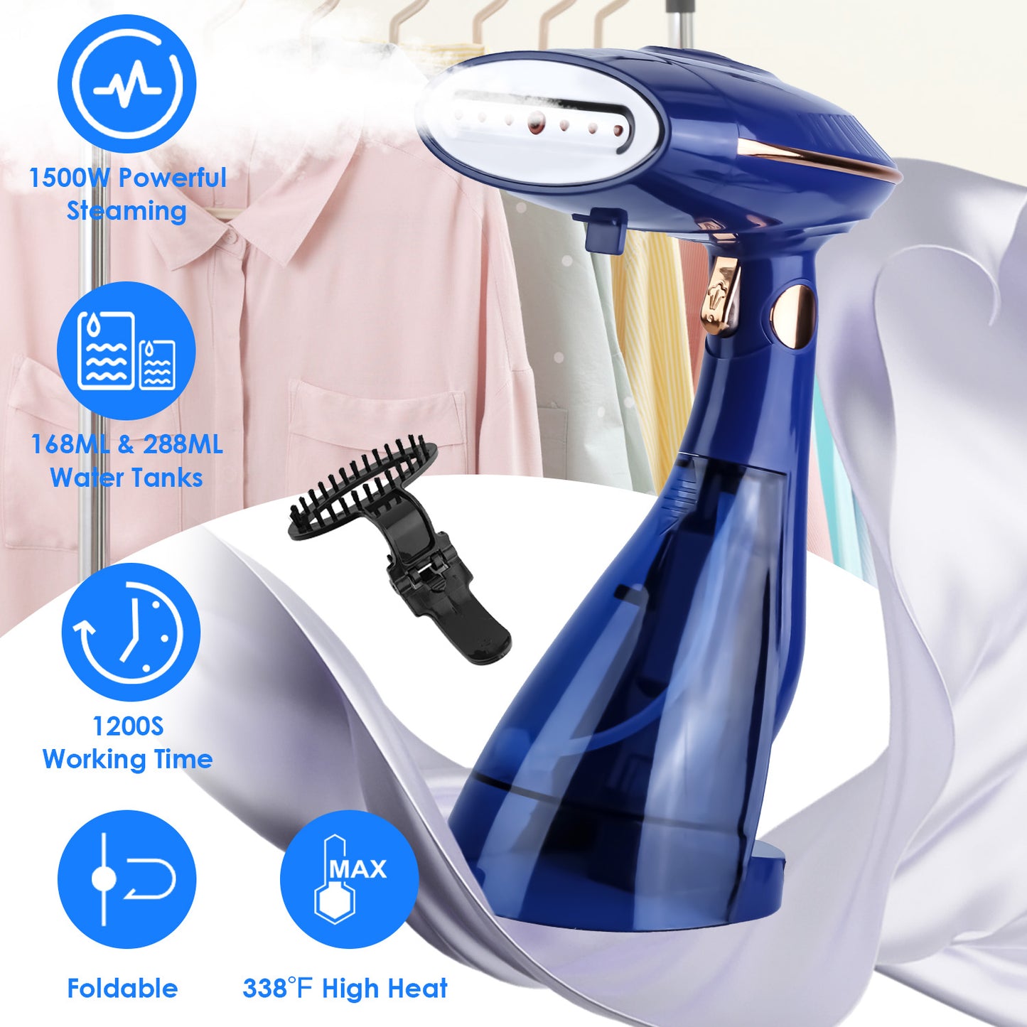 1500W 2 In 1 Foldable Garment Steamer Handheld Fabric Wrinkle Remover with 168ML & 288ML Water Tanks For Flat Hanging Ironing