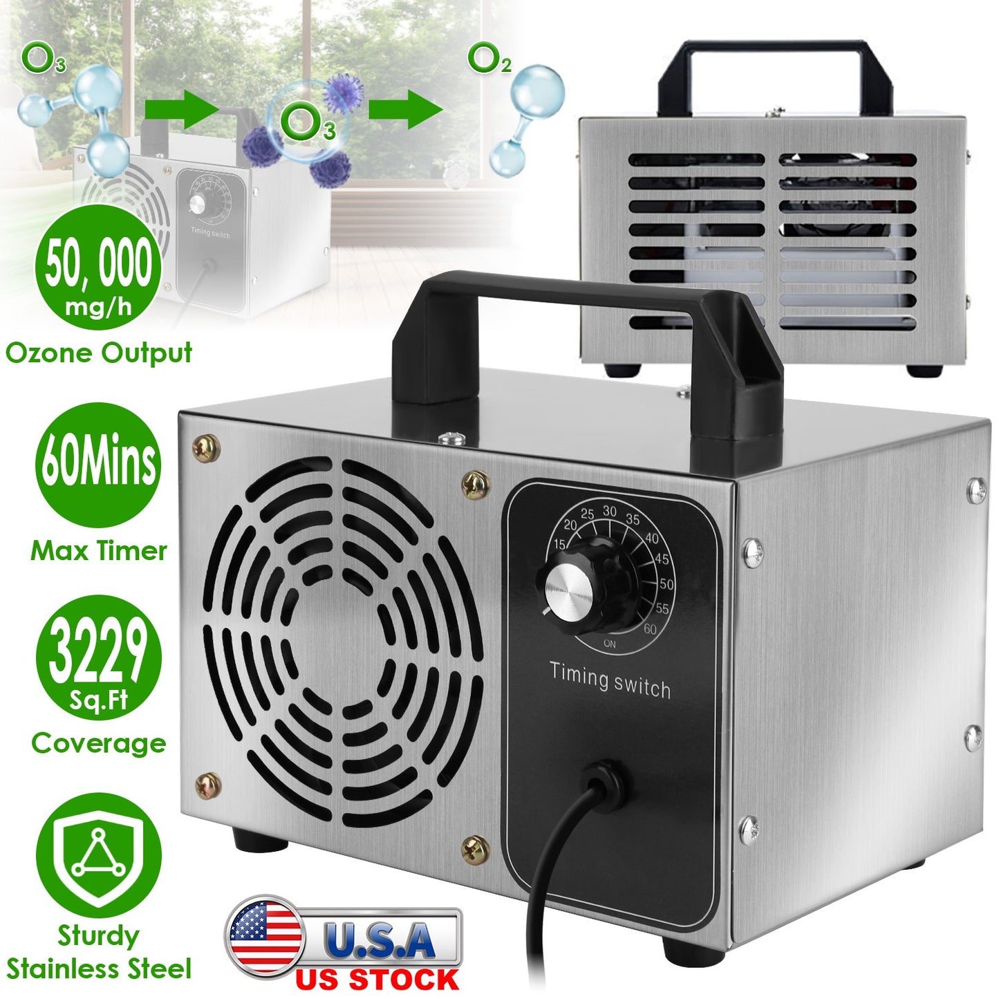 110W 50000mg/h Ozone Generator Odor Eliminator Ionizer Air Purifier with 60Mins Timer Cover up to 3229Sq.Ft for Rooms Smoke Cars Pets