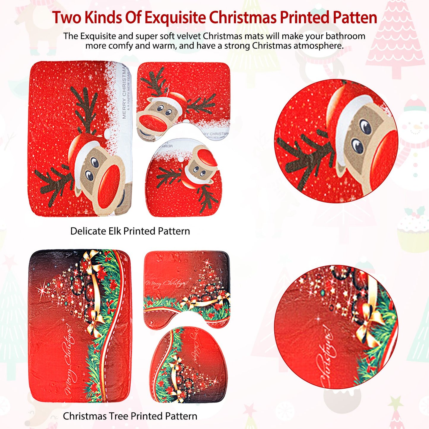 3 Pcs Christmas Bathroom Rugs Set Contour Non-slip Toilet Mats Absorbent Cozy Velvet Floor Carpets