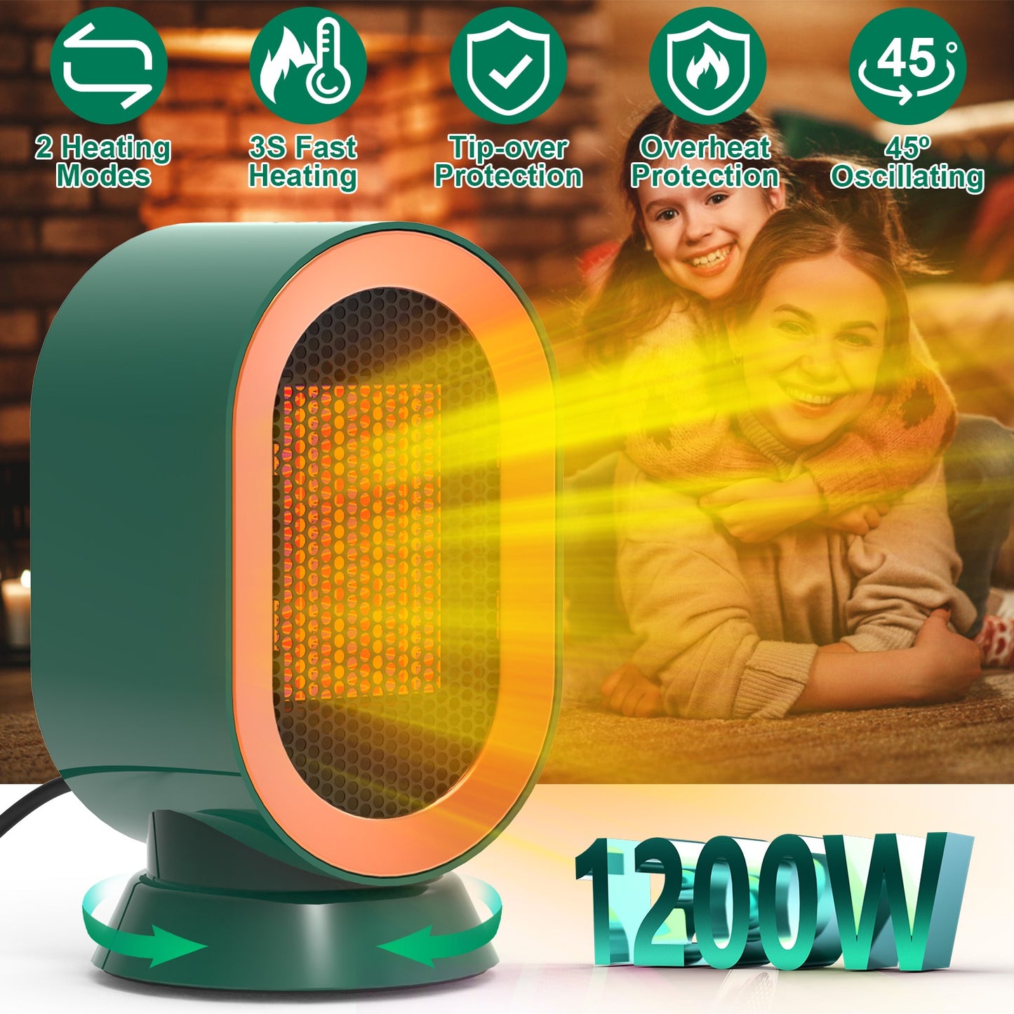 1200W Oscillating Electric Space Heater Mini Desk Heater with 2 Modes 3S Fast Heating Tip-over Overheat Protection for Home Office