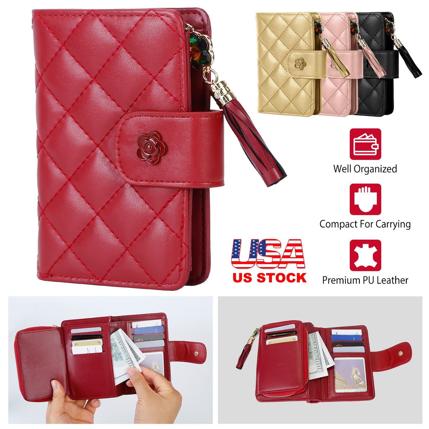 Women Wallet PU Leather Lady Clutch Case Credit Card Holder ID Card Window Coin Purse w/ Tassel For Girls