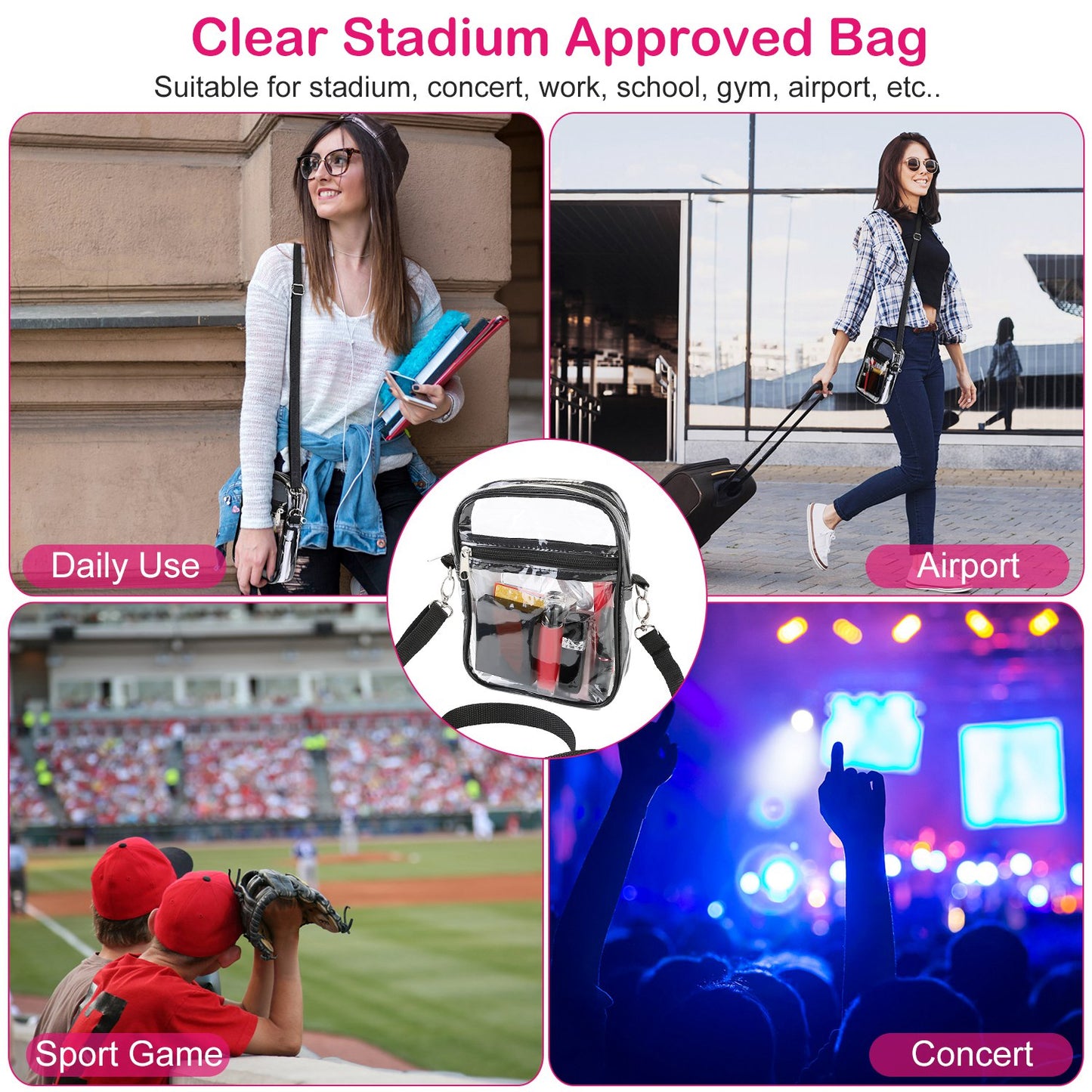Clear Crossbody Bag Stadium Approved Clear Purse Transparent Small Shoulder Bag See Through Zip Pouch Tote Bag Handbag 44OZ w/ Adjustable Strap