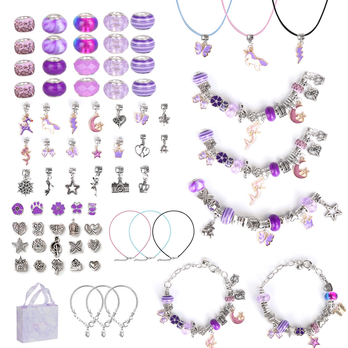 66Pcs Charm Bracelet Making Kit Kids\' Jewelry Necklace Making Kits Colorful DIY Charm Beads Pendant SetÊJewelry Decor Supplies with Gift Box for 5-12