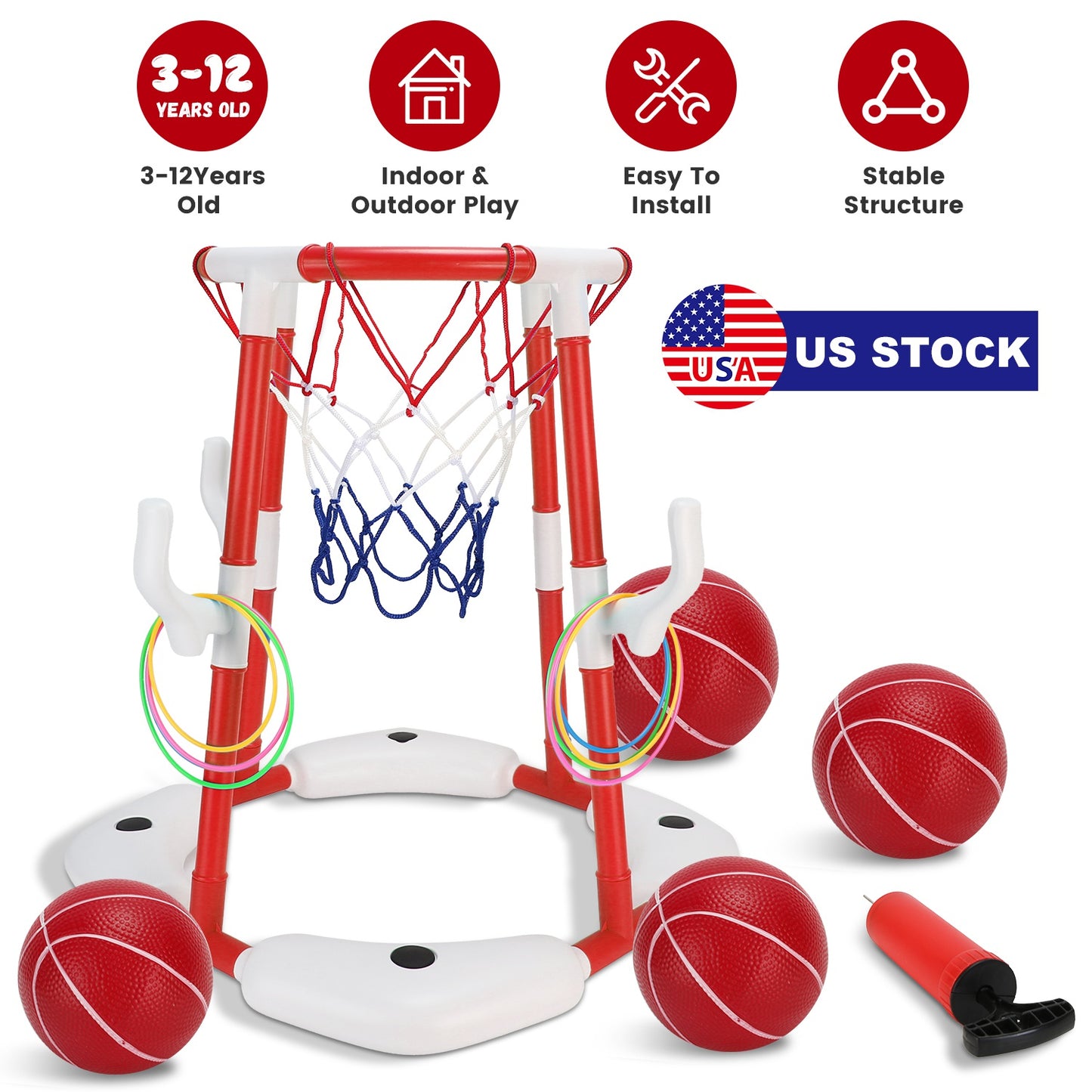 Summer Pool Basketball Hoop Toy Set With 4 Basketballs 4 Circles Pump Floating Swimming Pool Basketball Games Poolside Water Play Toy For 3-12Years Ol