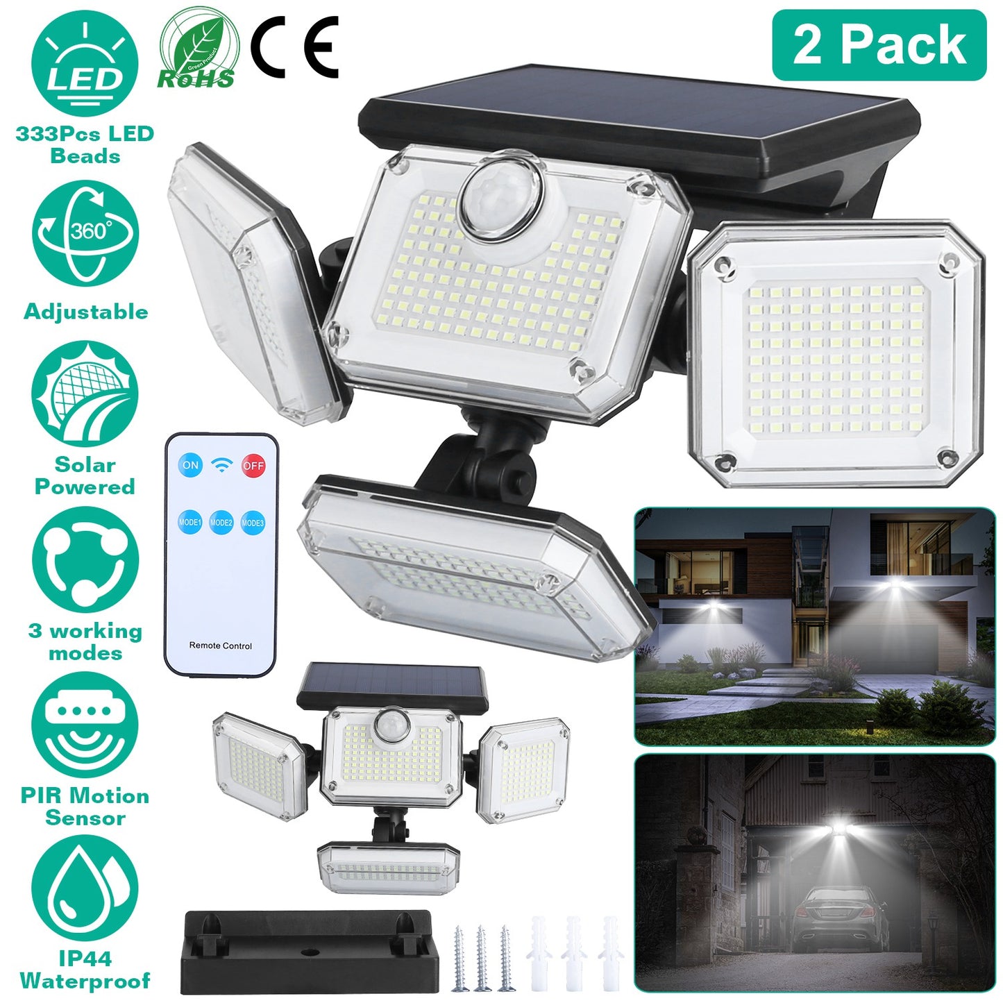 2 Pack Solar Powered Wall Lights IP44 Waterproof Motion Sensor Lights with 4 Adjustable Heads 333Pcs LED Beads 120¡ Sensing Angle Remote Control for Y