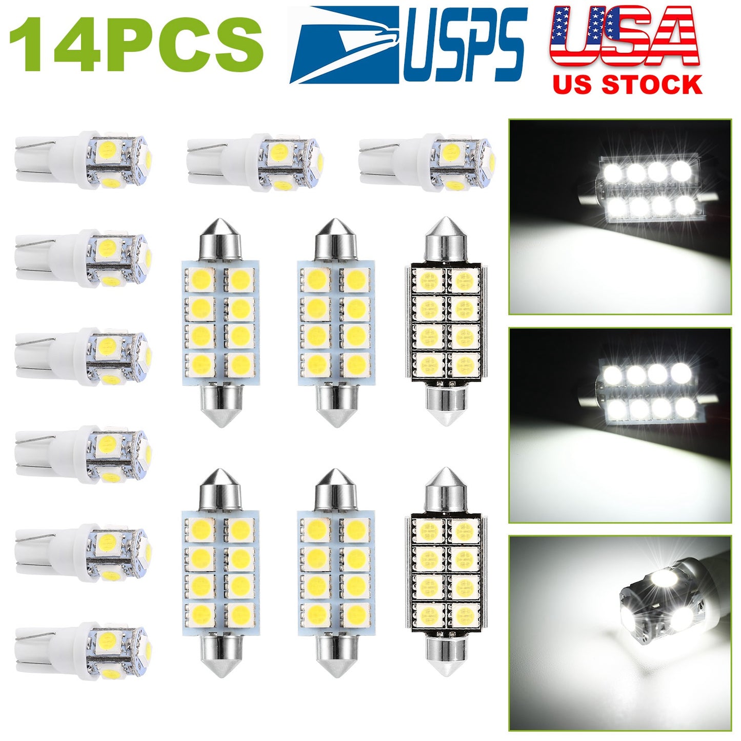 14Pcs T10 41mm Festoon LED Light Bulb Interior Dome Map LED Lights License Plate Trunk Side Positioning Lights 6000K White