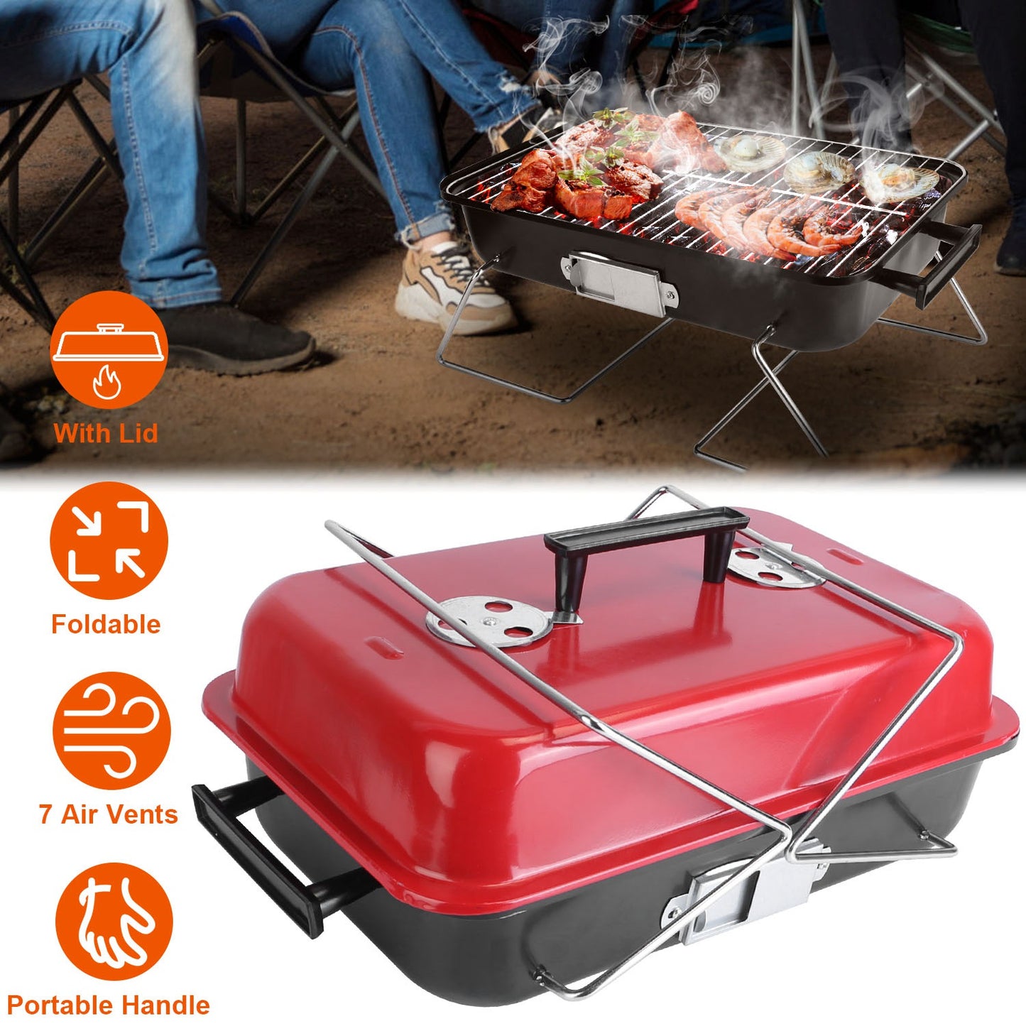 Portable Charcoal Grill OutdoorÊTabletop Grill Small Barbecue Smoker Folding BBQ Grill with Lid for Backyard Camping Picnics Beach