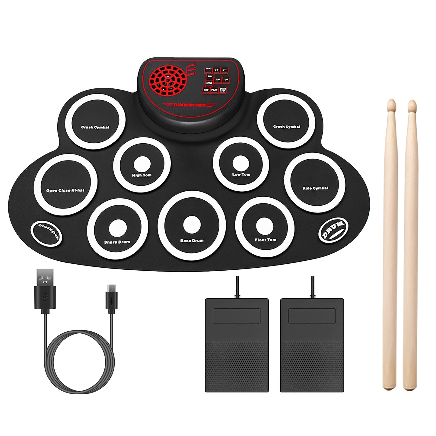 10 Pads Electric Drum Set Foldable 10-Drum SiliconÊDrum Kit Foldable Electronic Drum Pad Machine with Drum Sticks Headphone Jack Speaker Battery Dual-