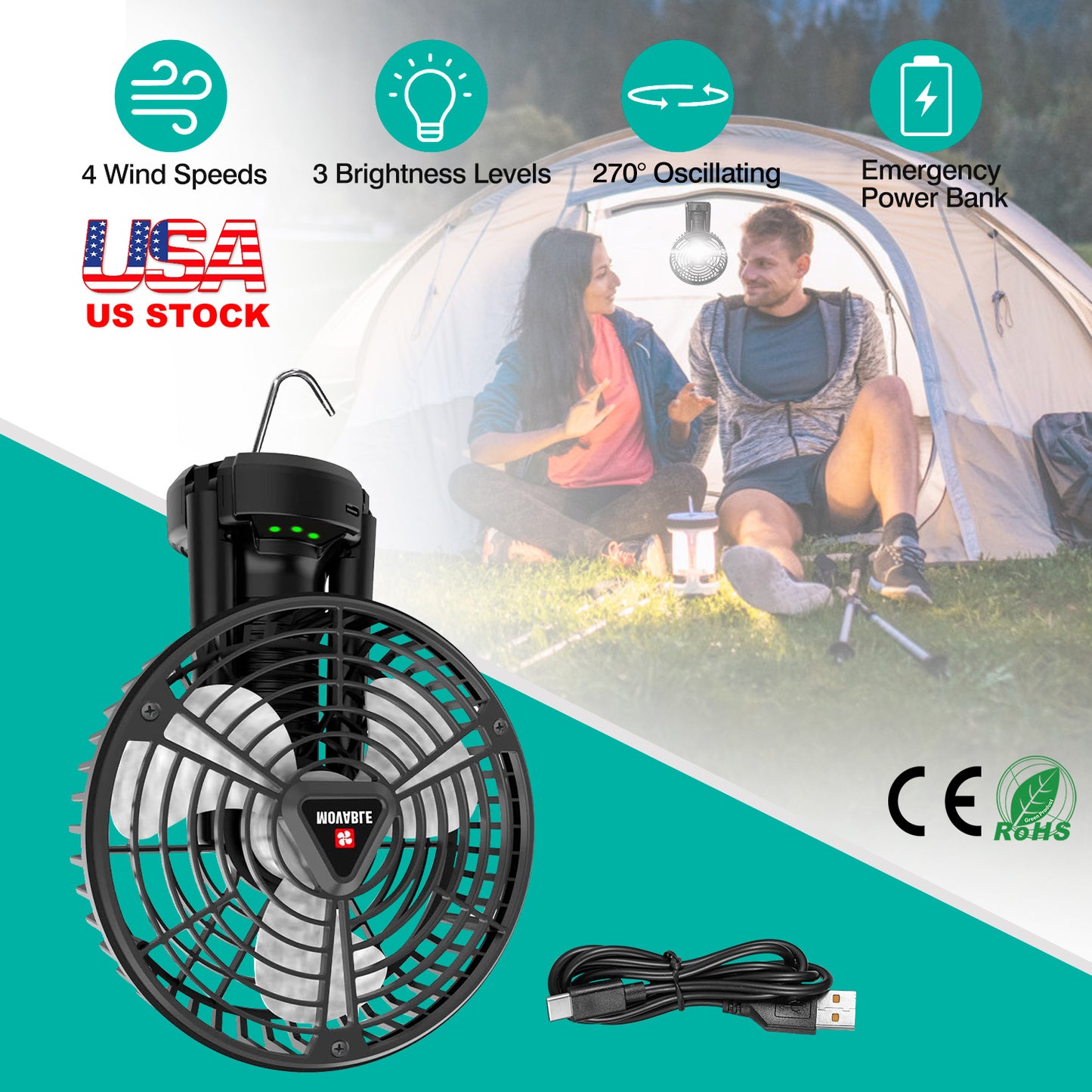 Foldable Camping Fan with Emergency Power Bank 270¡ Oscillating Rechargeable Tripod Fan for Hiking Fishing Personal Desk Fan with 4 Speeds 3 Brightnes