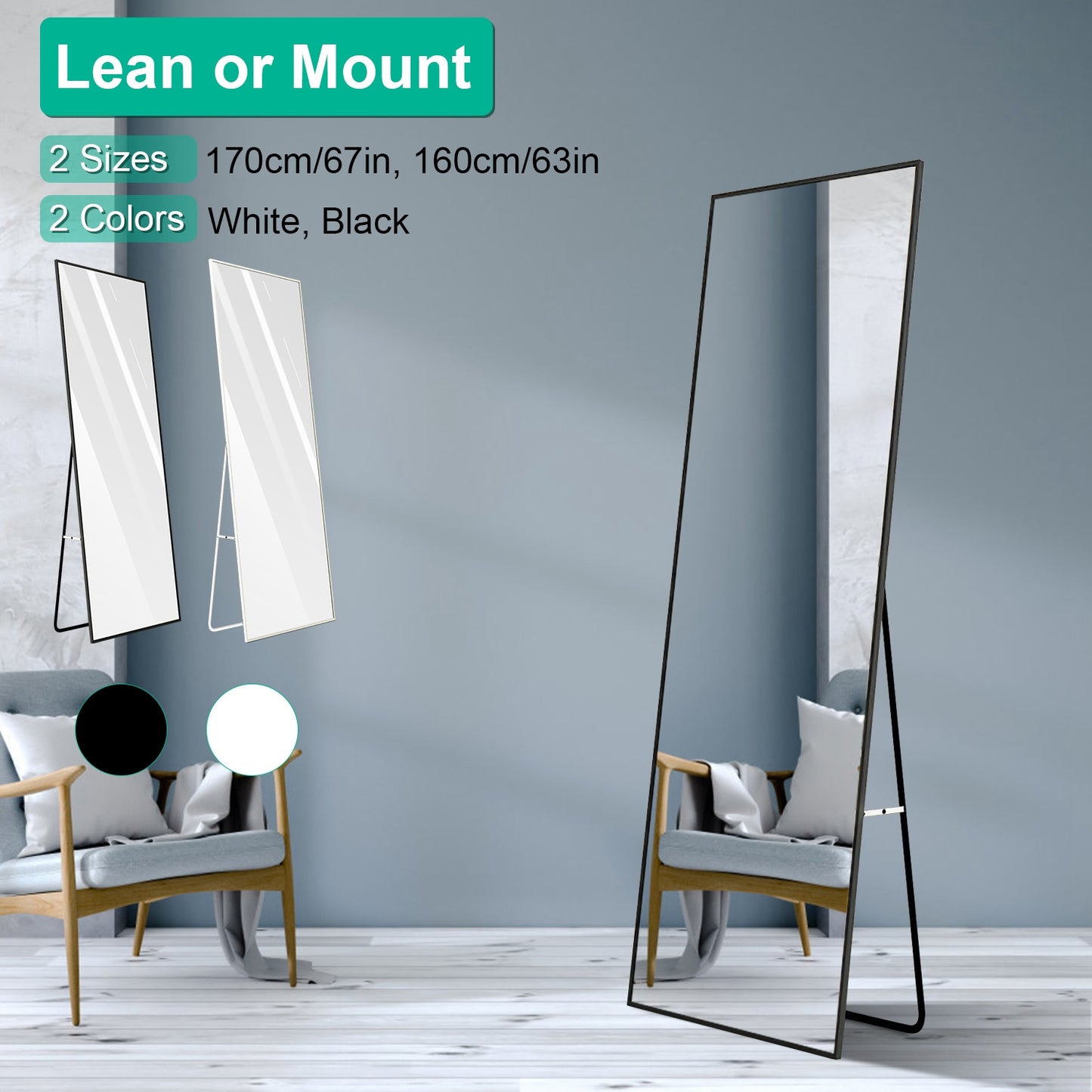 Full Length Mirror 67x25.6in Aluminum Alloy Wall Mirror Free Standing Floor Mirror Hanging Leaning Against Wall for Dressing Bedroom Living Room
