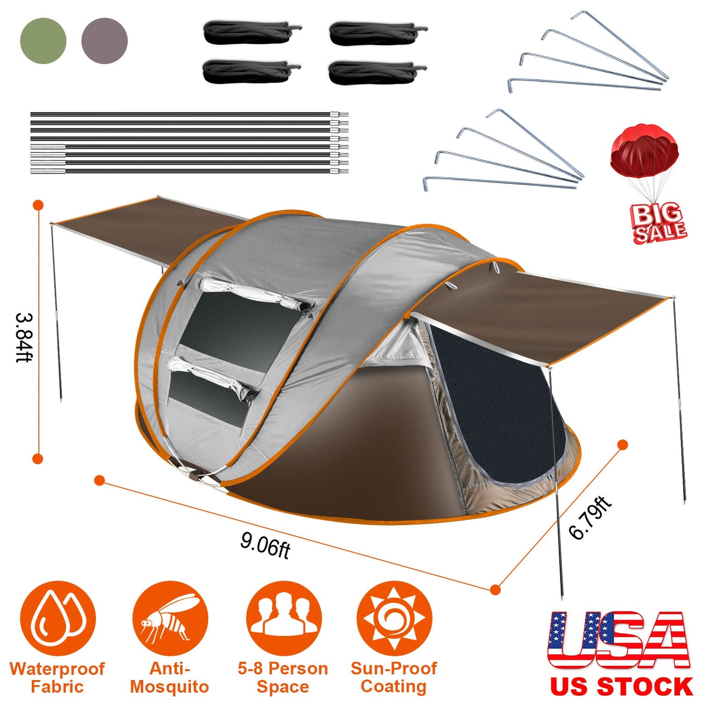 5-8 Person Pop Up Tent Automatic Setup Camping Tent Waterproof InstantÊSetup Tent with 4 Tent Poles 2 Mosquito Net Windows Carrying Bag for Hiking Cli