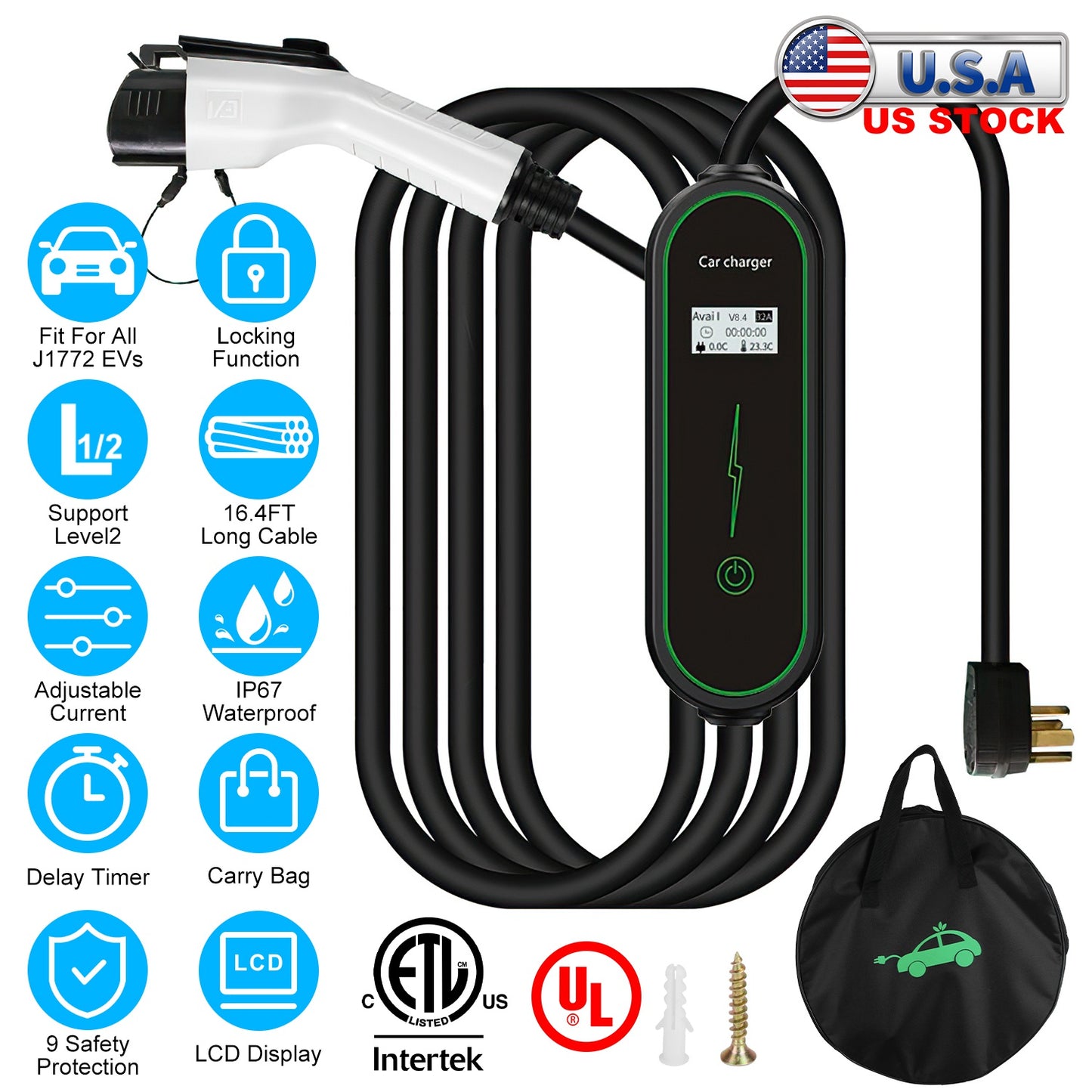 Level2 EV Charger Portable Electric Vehicle Charging Station with NEMA 6-20P PlugÊCarry Bag Fit For All J1772 EV and Hybrid Vehicles for Home and Outd