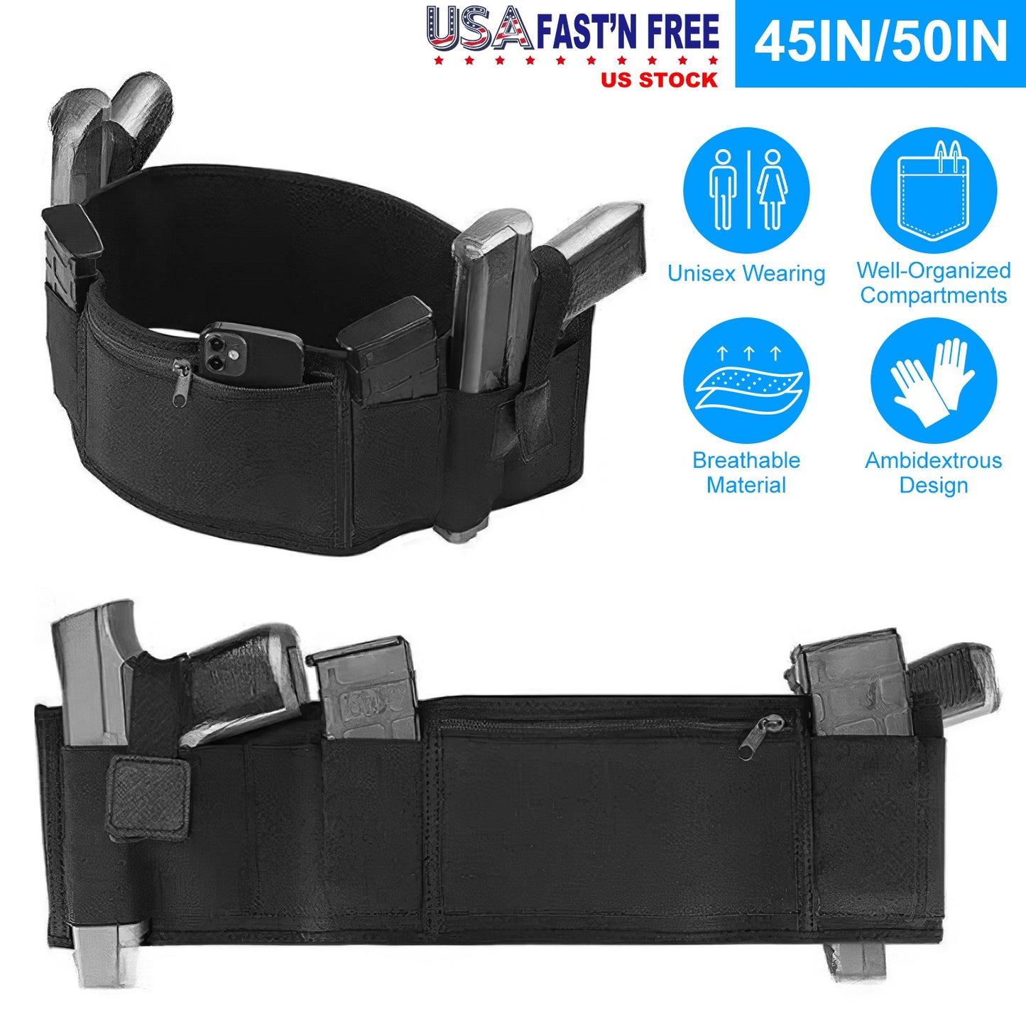 Belly Band Holster For Concealed Carry Unisex Waistband Holster For Man Woman Right Left Hand Draw Fit For Smith and Wesson, Shield, Glock 19, 17, 42,