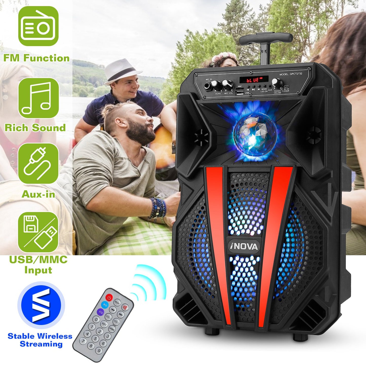 8Ó Wireless Party Speaker Subwoofer Bass Portable TWS Party Speaker w/ Microphone Support FM Radio Remote Control MMC Car Slot LED Colorful Lights