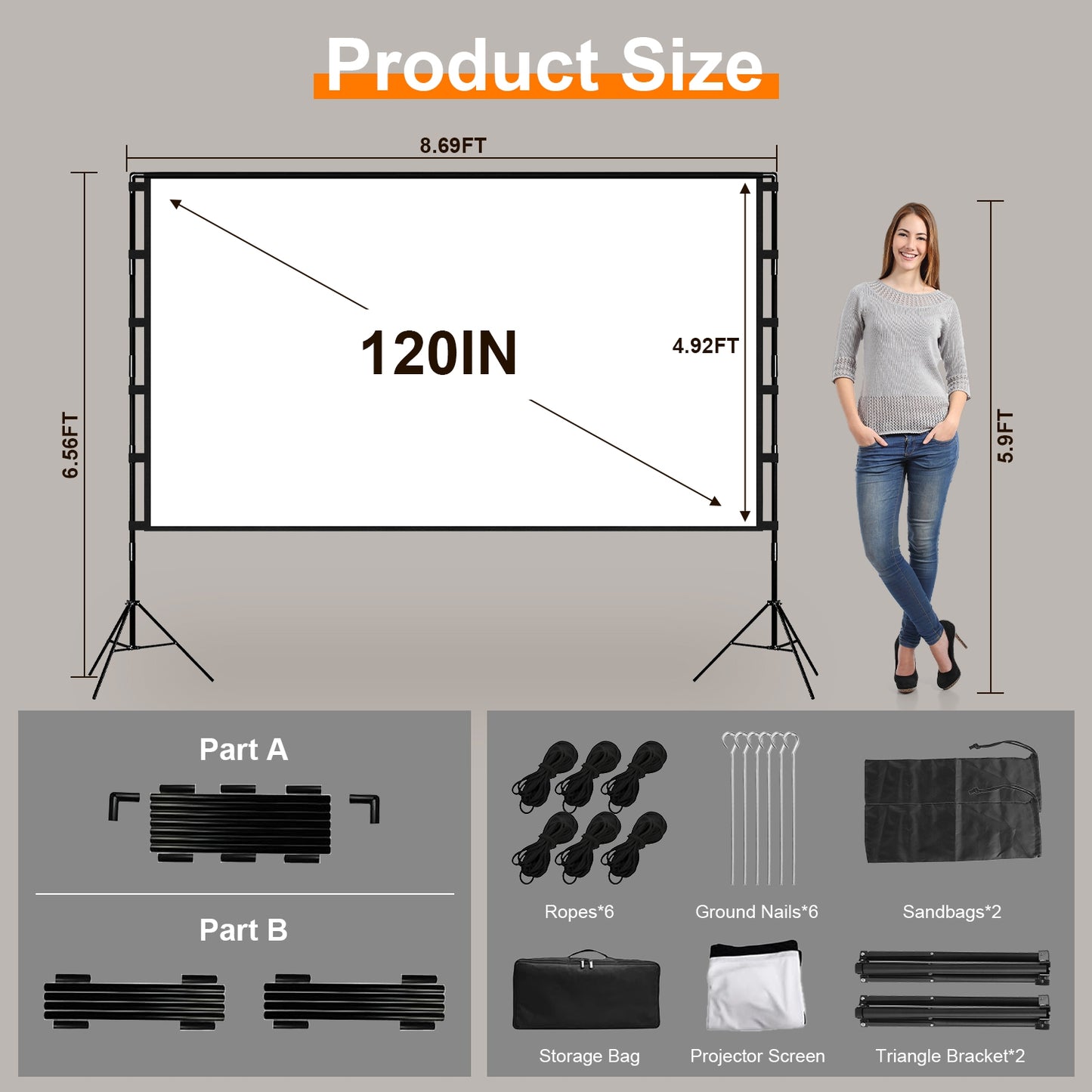 120inch Projector Screen with Stand 16:9 4K HD Rear Front Wrinkle-Free Portable And Foldable Movie Screen with Carry Bag For Indoor Outdoor Home Theat